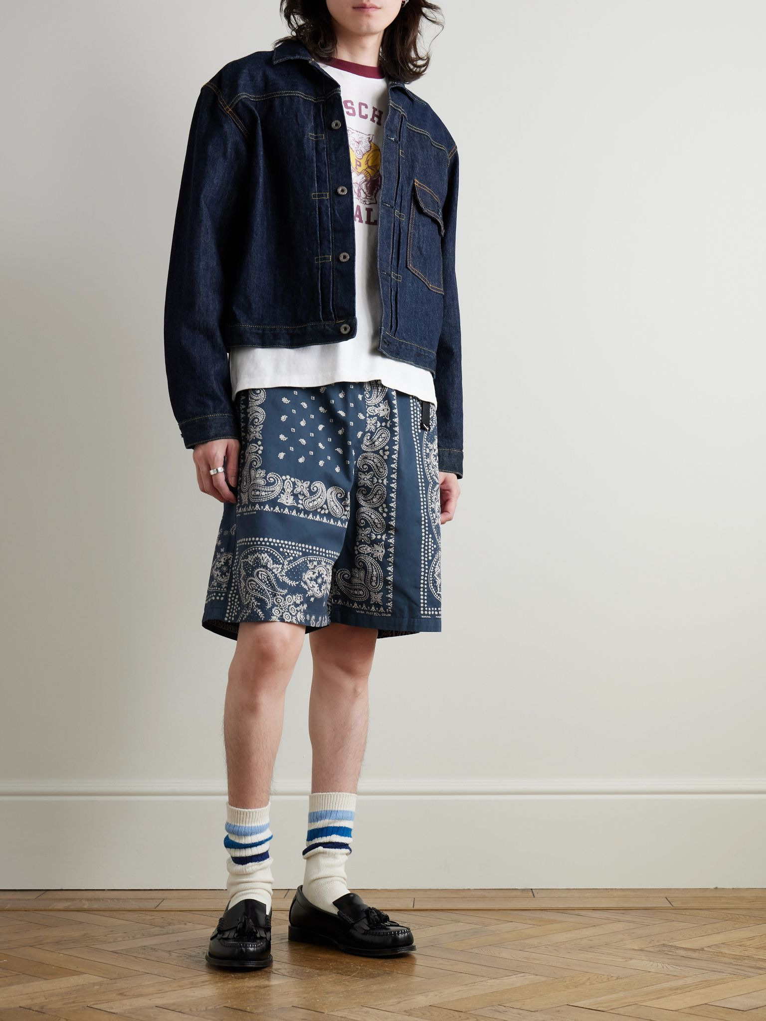 Straight-Leg Belted Bandana-Print Patchwork Cotton-Twill Shorts Navy - 2