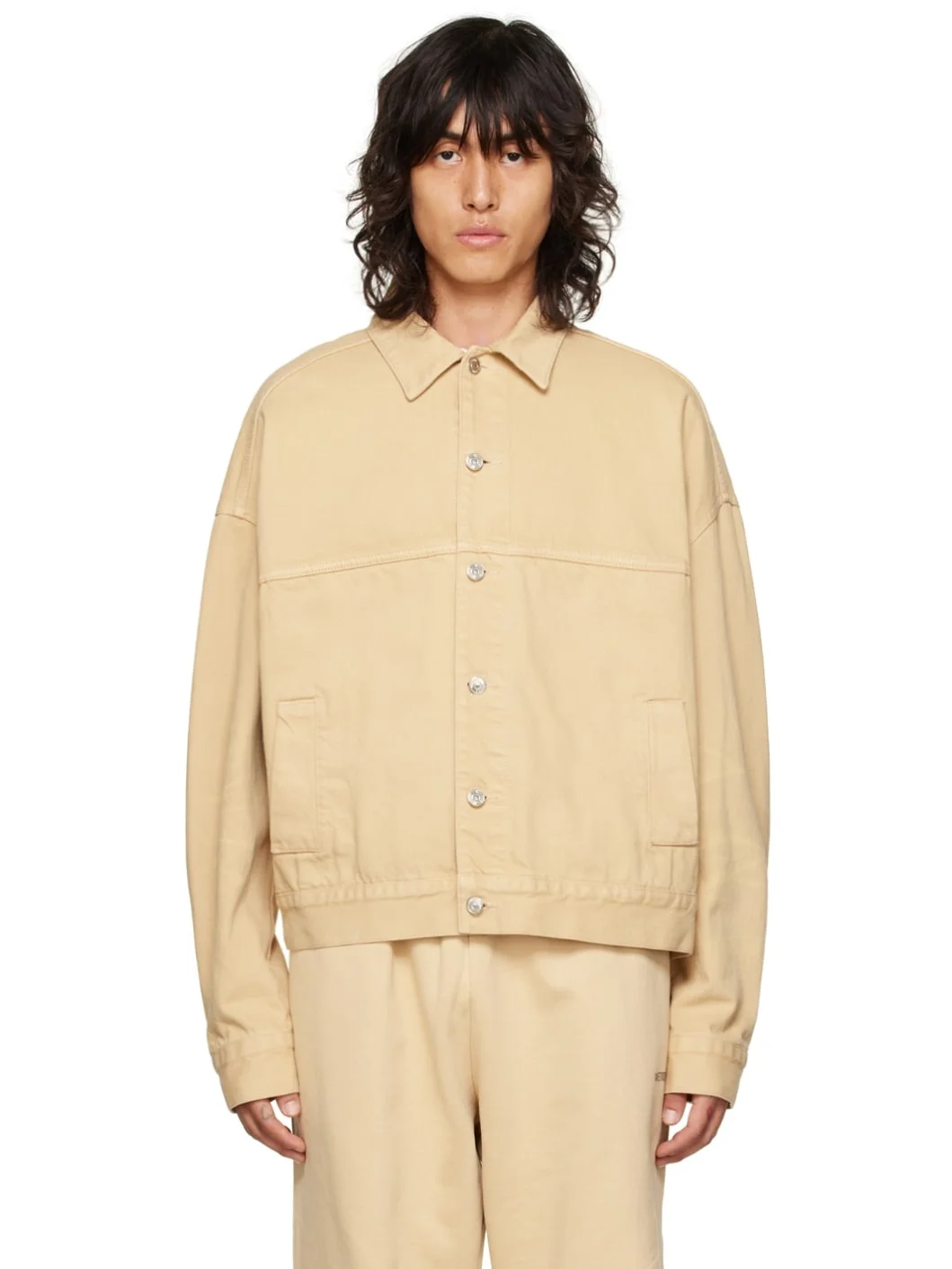 Beige Printed Trucker Denim Jacket - 1