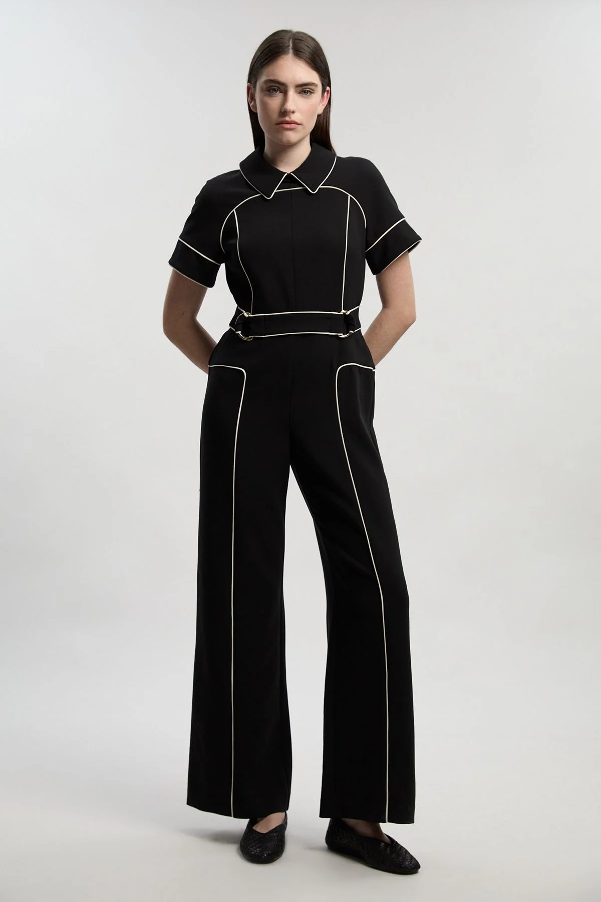 Compact Stretch Contrast Tipped Tab Detail Tailored Jumpsuit - 1
