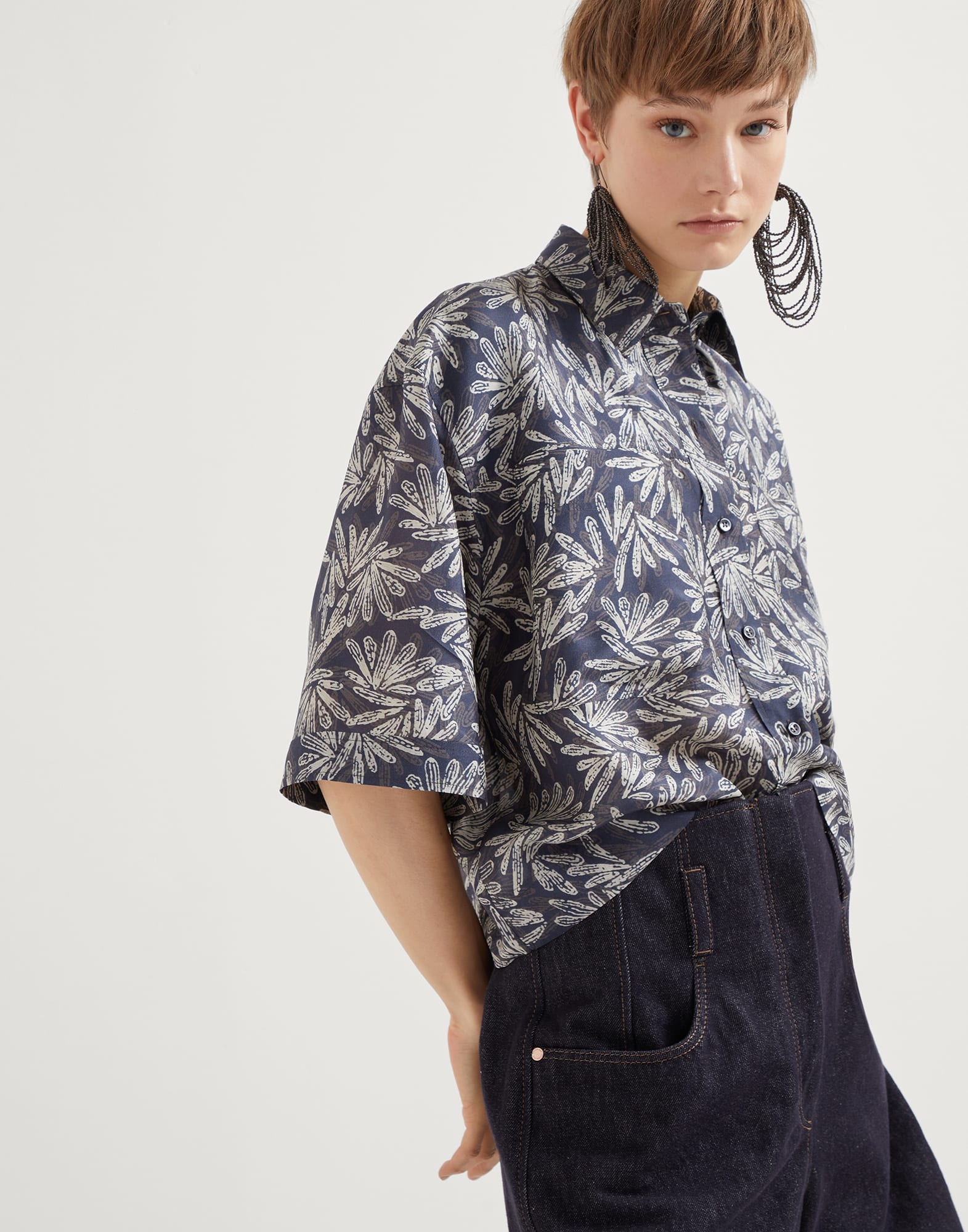 Silk fern print pongee shirt with monili - 4