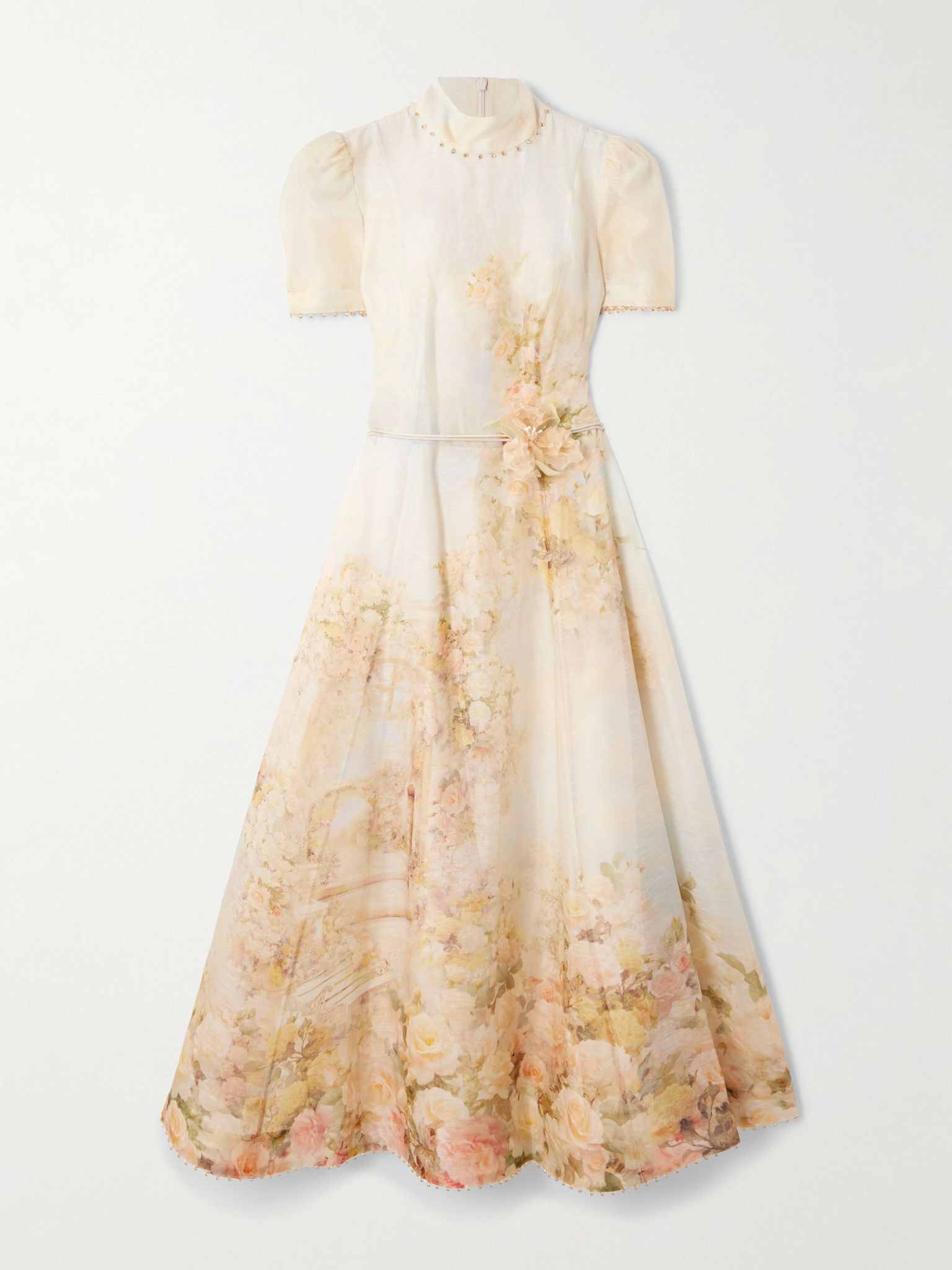 Picnic embellished floral-print linen and silk-blend midi dress Cream - 1