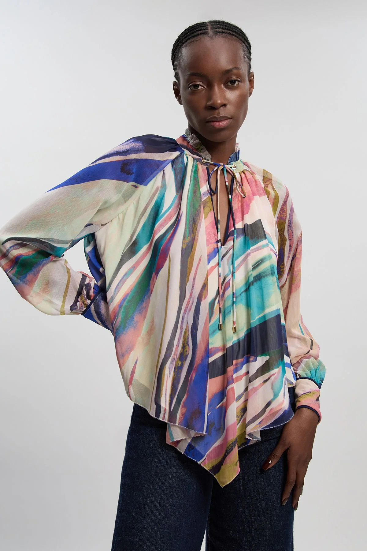 Marble Print Crinkle Chiffon Cape Woven Blouse - 1