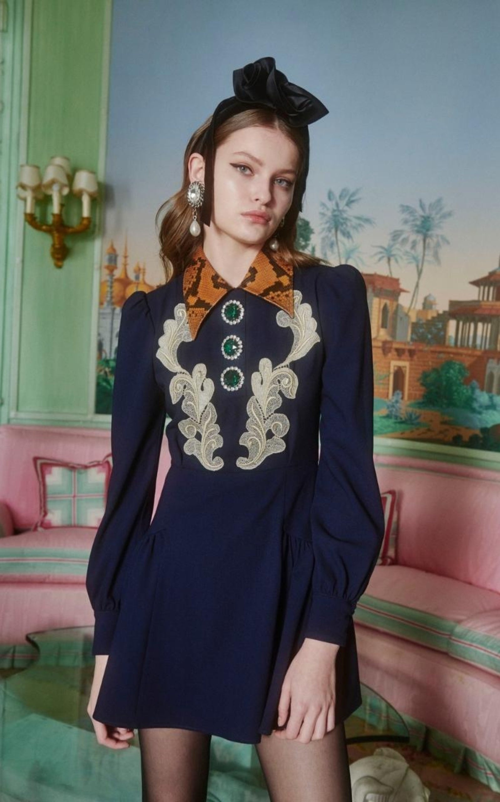 Wool Crepe Mini Dress With Python Print Collar - 6