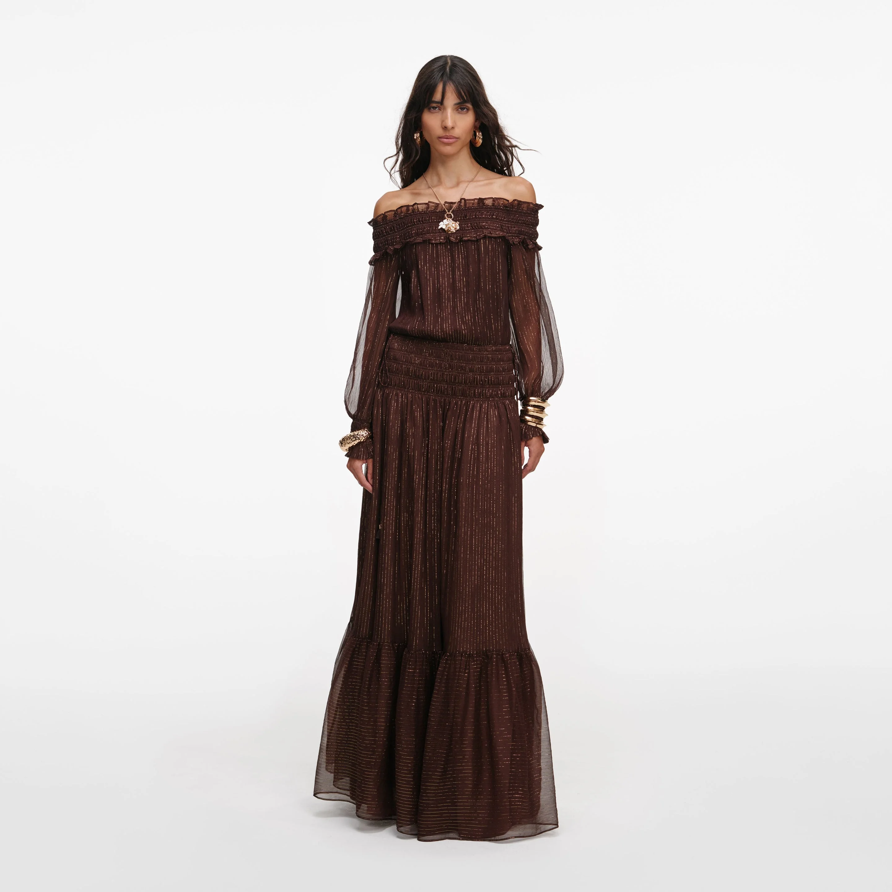 Brown Georgette Off Shoulder Maxi Dress - 1