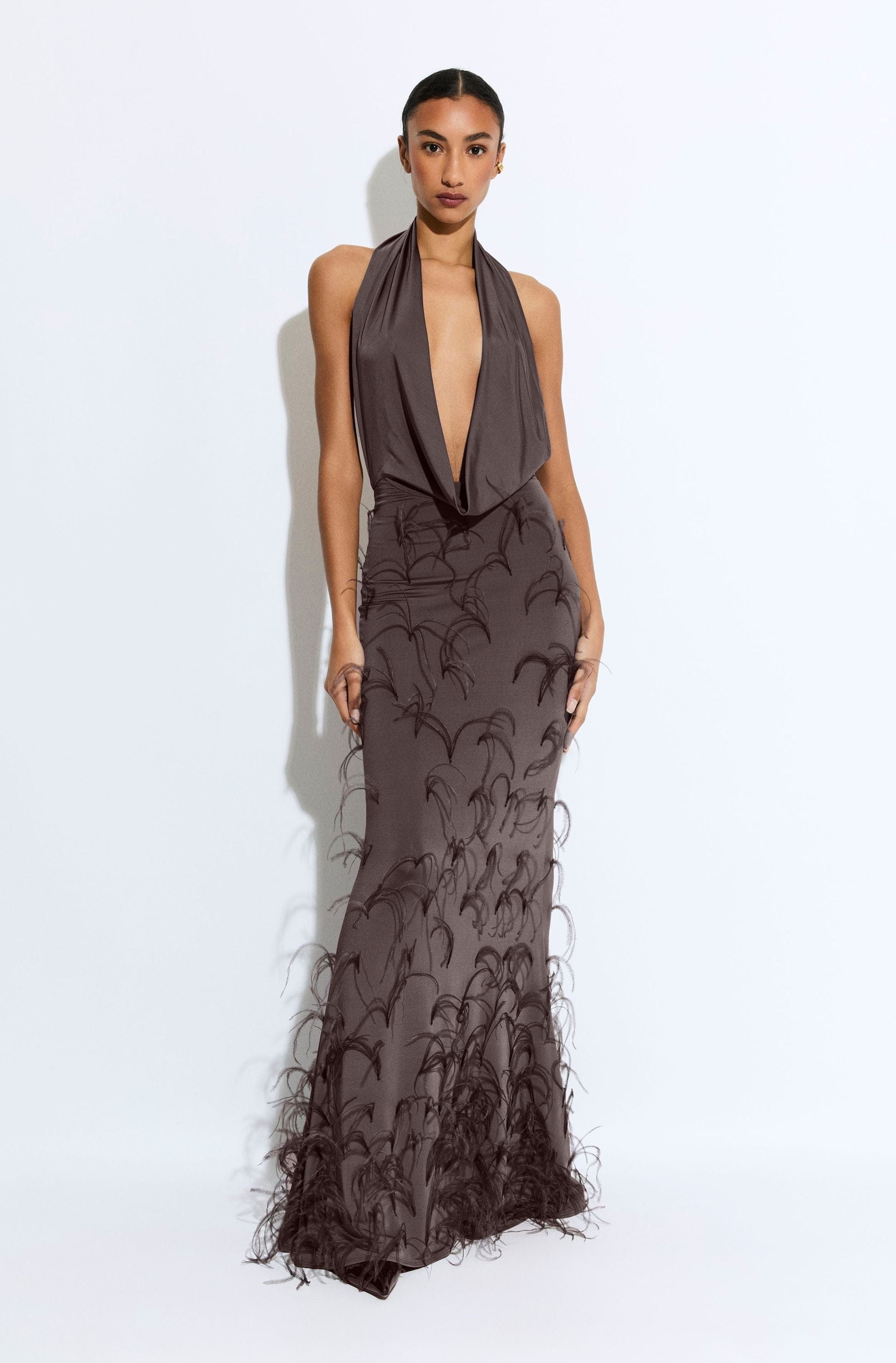 Lightweight Jersey Deep Cowl Neck Gown With Feathers - 2