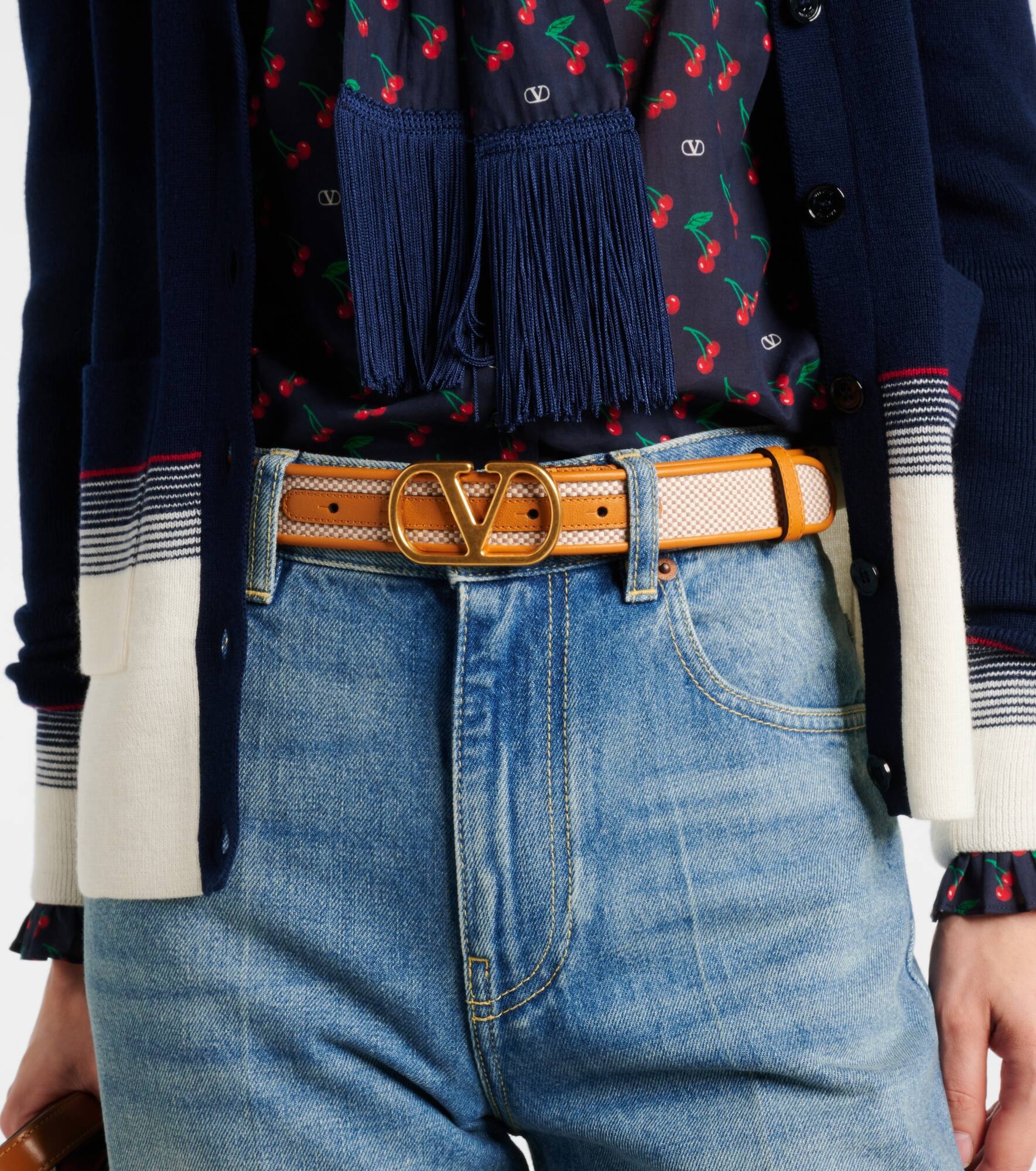 VLogo leather-trimmed belt - 2