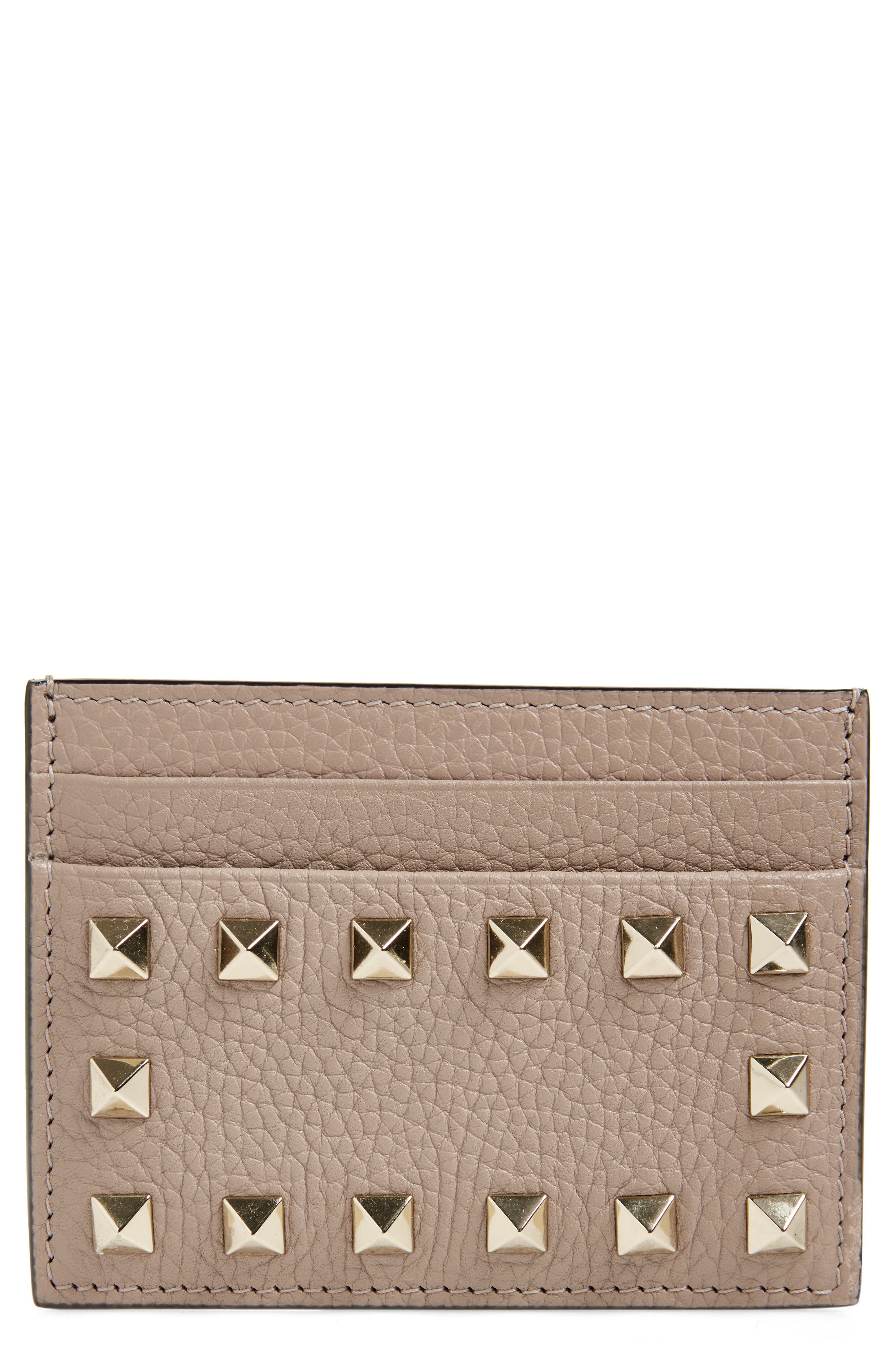 Valentino Garavani Rockstud Leather Card Holder in Poudre at Nordstrom - 1