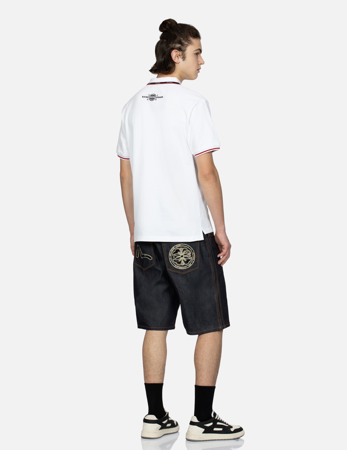 BROCADE SEAGULL AND KAMON APPLIQUÉ DENIM SHORTS - 3