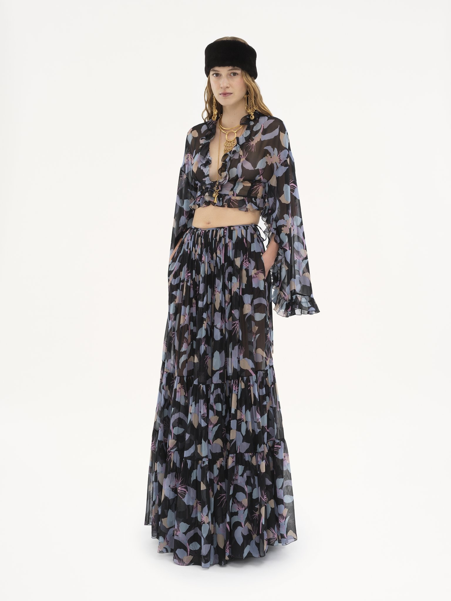 GATHERED MAXI SKIRT IN SILK GEORGETTE - 3