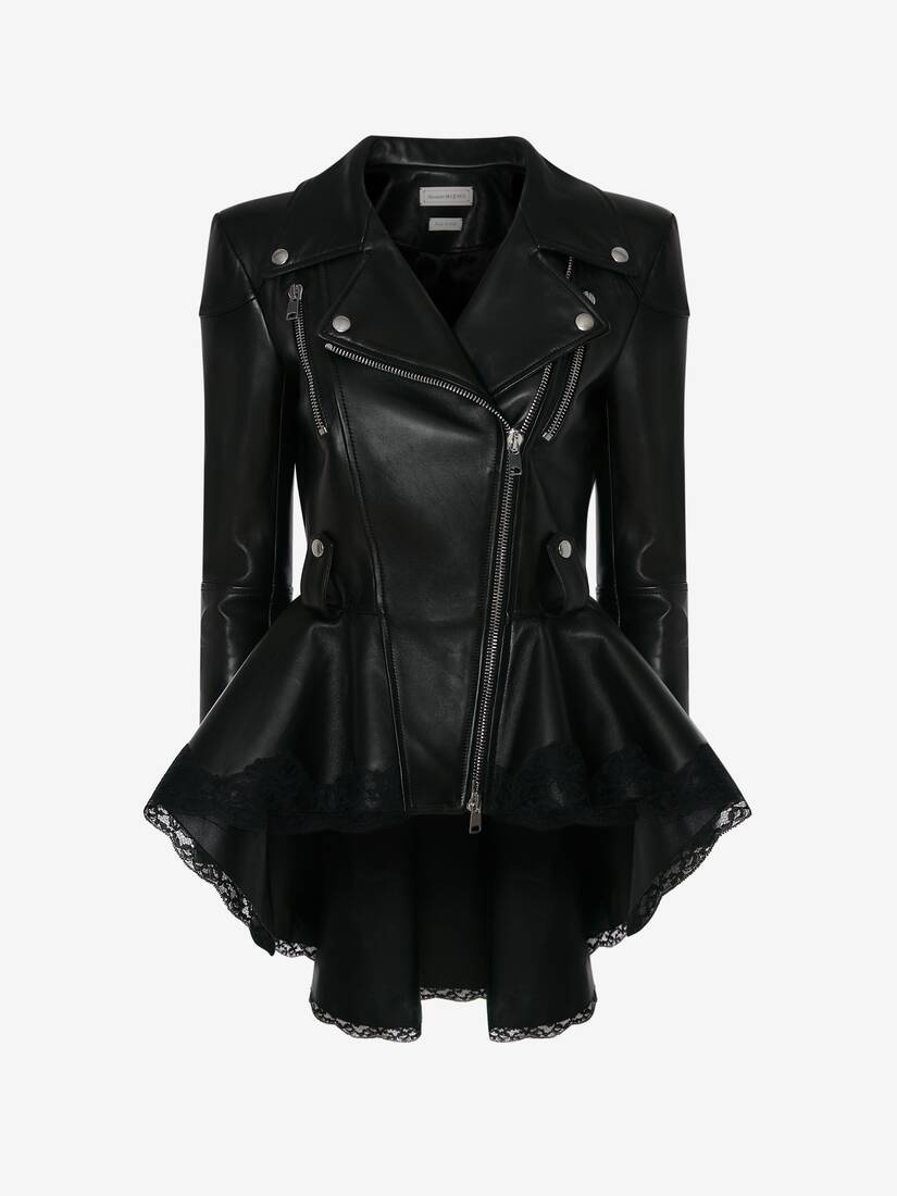 Leather Peplum Biker Jacket in Black - 1
