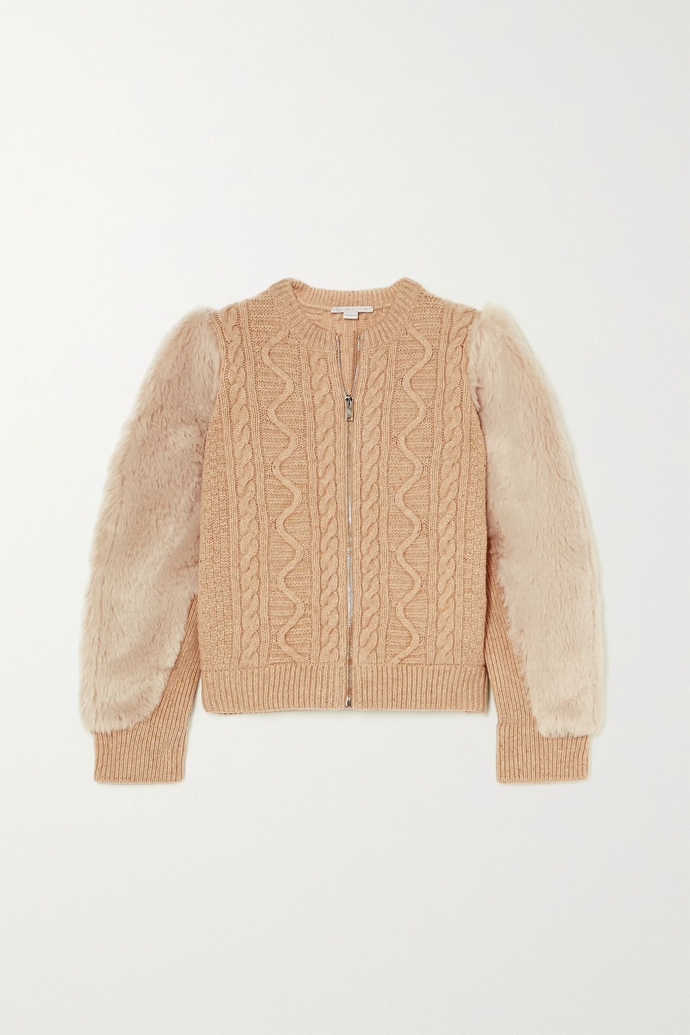 Faux fur-trimmed cable-knit wool jacket - 1