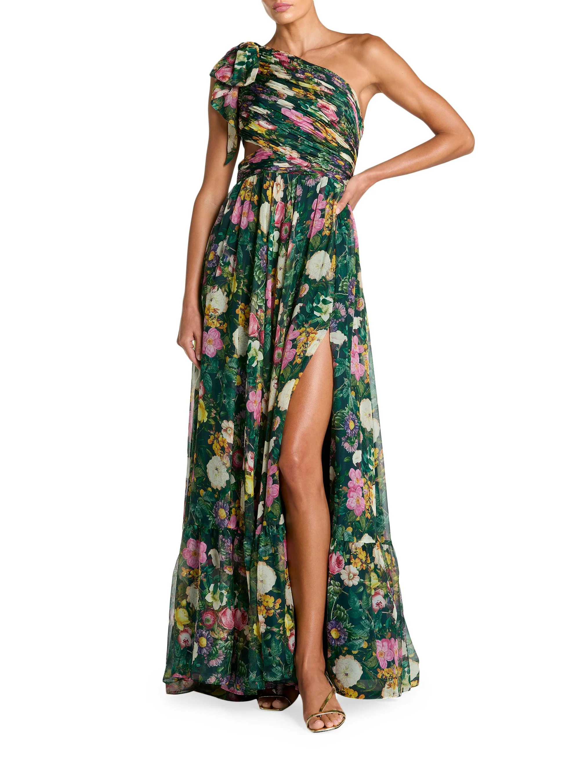 Women's Floral Chiffon Cut-Out One-Shoulder Gown - Deep Green Multi - 1