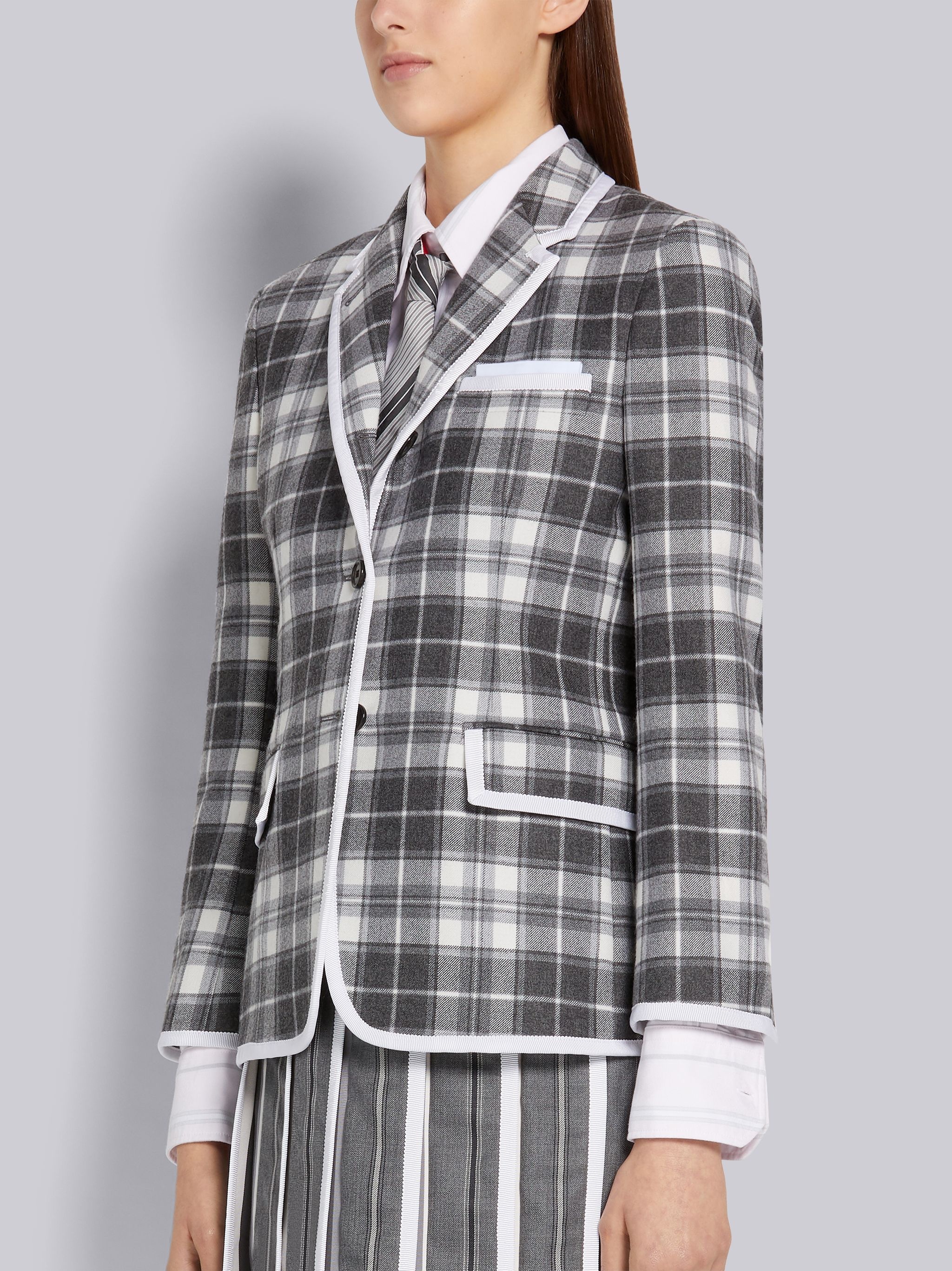 Medium Grey Tartan Check Wool Flannel Suiting Grosgrain Tipping Classic Sport Coat - 2