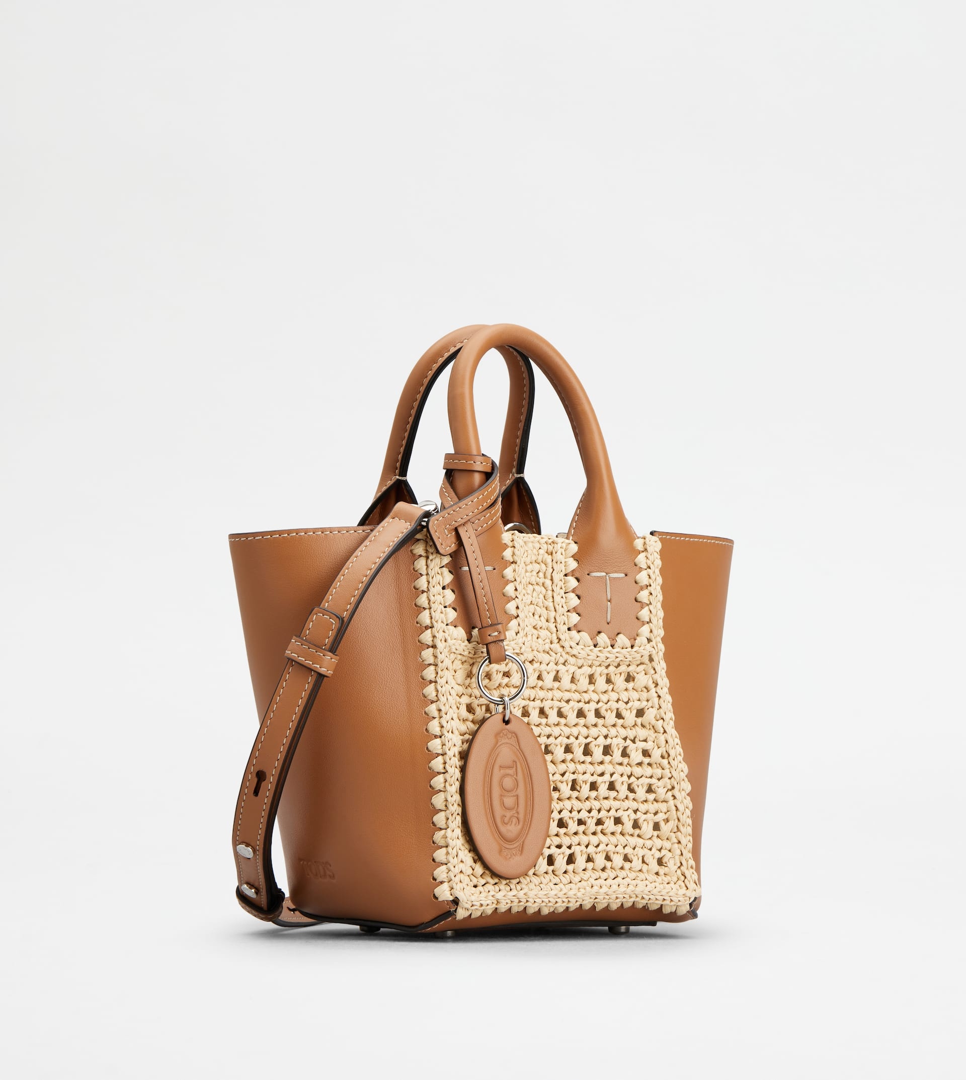 TOD'S DOUBLE UP SHOPPING BAG IN LEATHER AND RAFFIA MINI - BEIGE, BROWN - 3