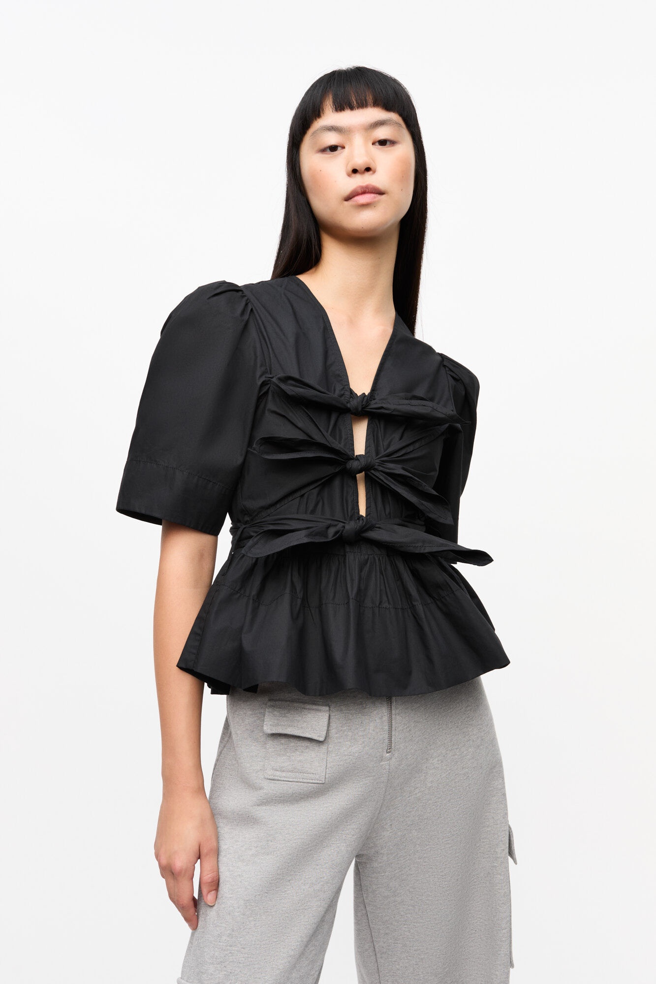 BLACK WASHED STRETCH COTTON TIE STRAP BLOUSE - 2