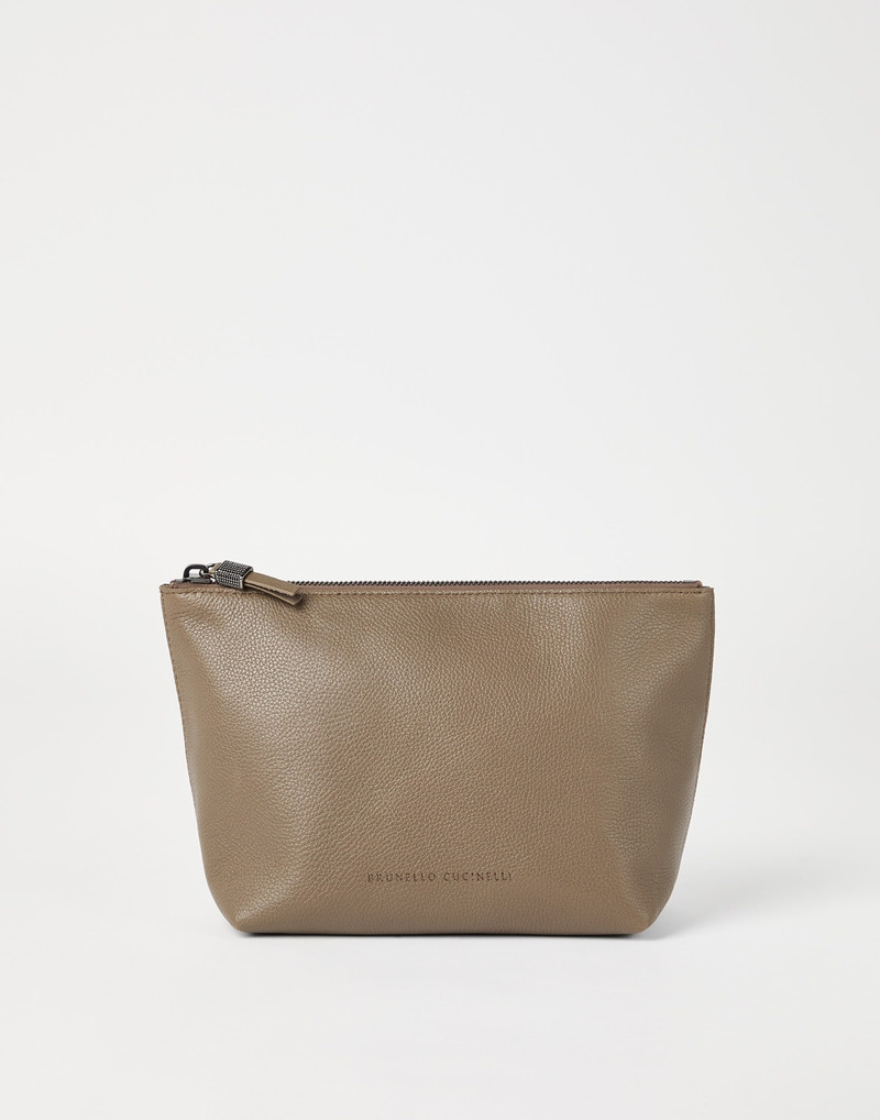 Grained leather pouch with shiny zipper pull - 1