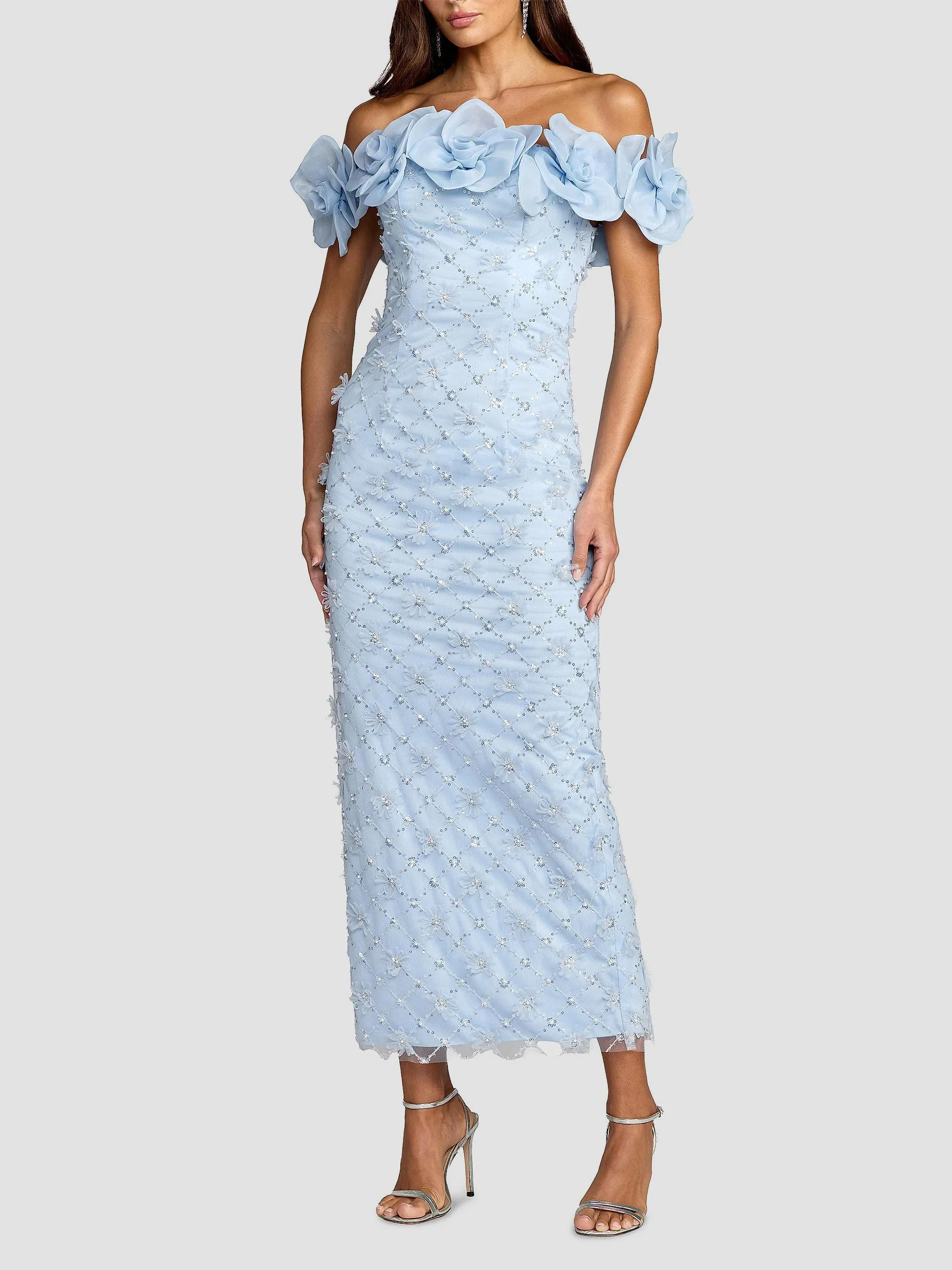 Women's Embroidered Floral Off-The-Shoulder Cocktail Dress - Powder Blue - 1