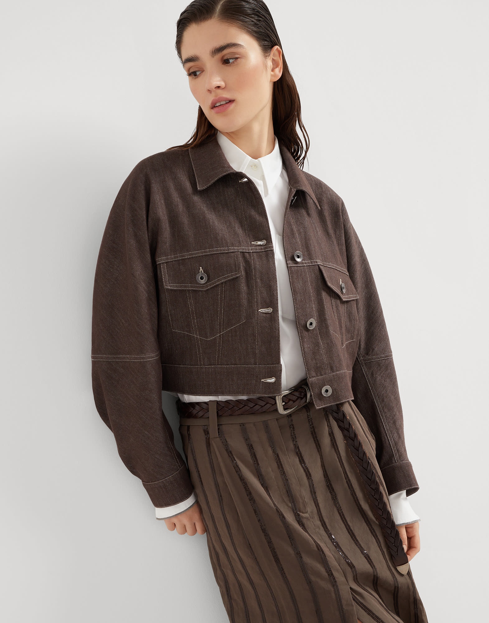 Denim-effect twill outerwear jacket with monili - 4