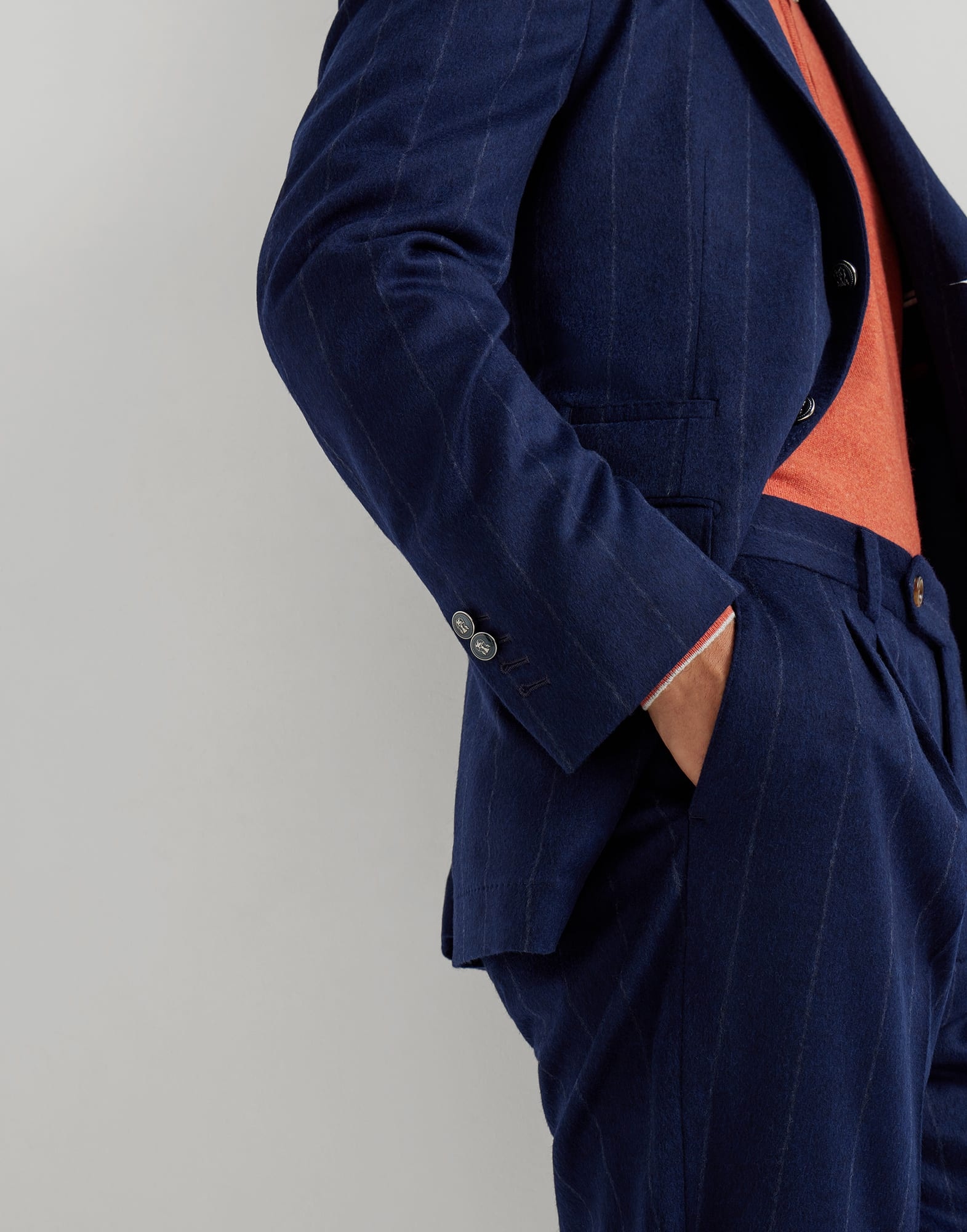 Wool and cashmere wide chalk stripe flannel deconstructed blazer with large peak lapels and metal bu - 3