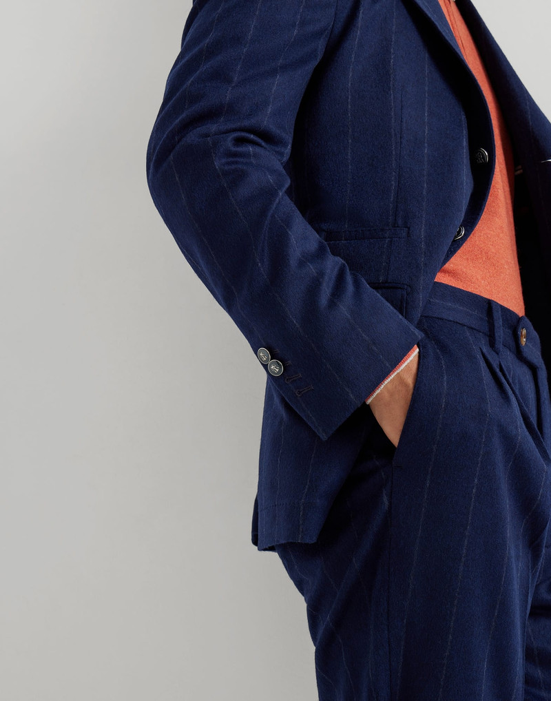 Wool and cashmere wide chalk stripe flannel deconstructed blazer with large peak lapels and metal bu 3