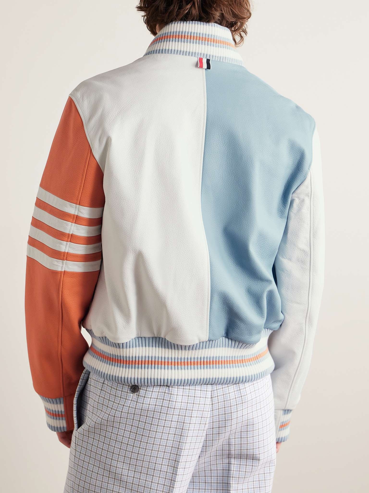 Colour-Block Striped Full-Grain Leather Blouson Jacket - 4