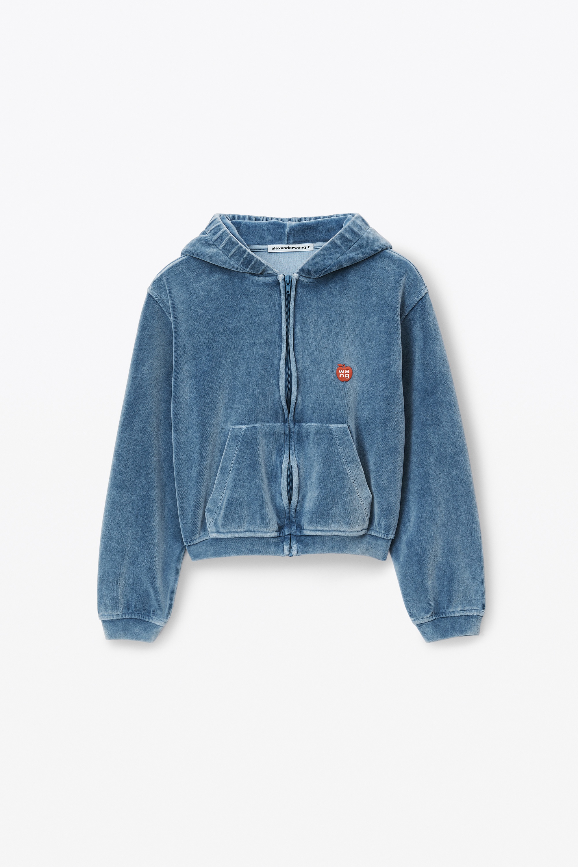 apple logo shrunken zip up hoodie in velour - 1