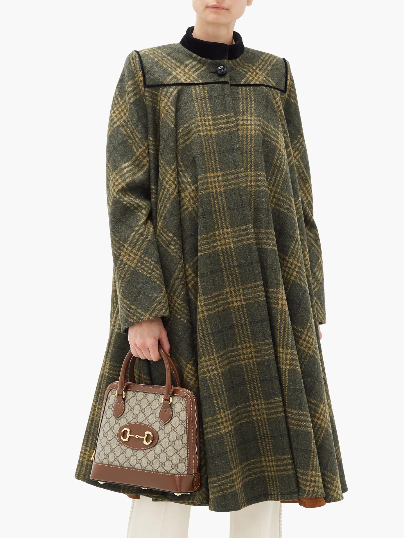 Velvet-collar checked-wool cape coat - 6