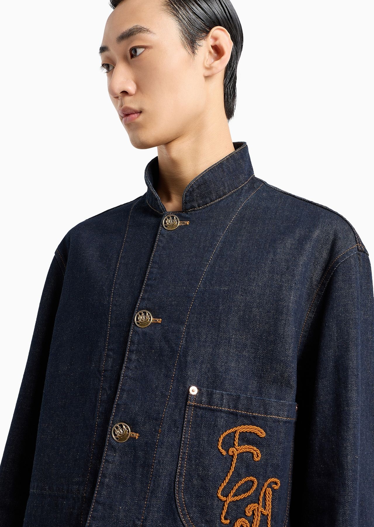 Dirty-treatment denim blazer with guru collar and EA embroidery - 5