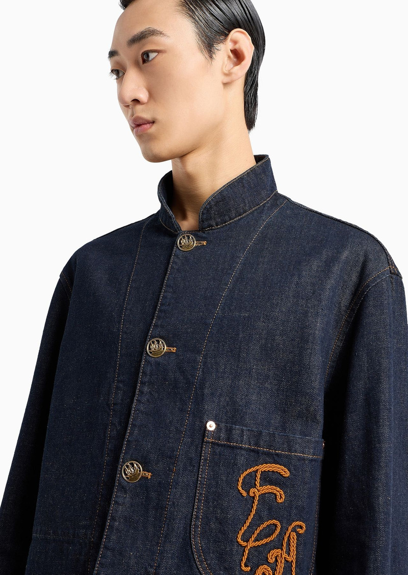 Dirty-treatment denim blazer with guru collar and EA embroidery 5