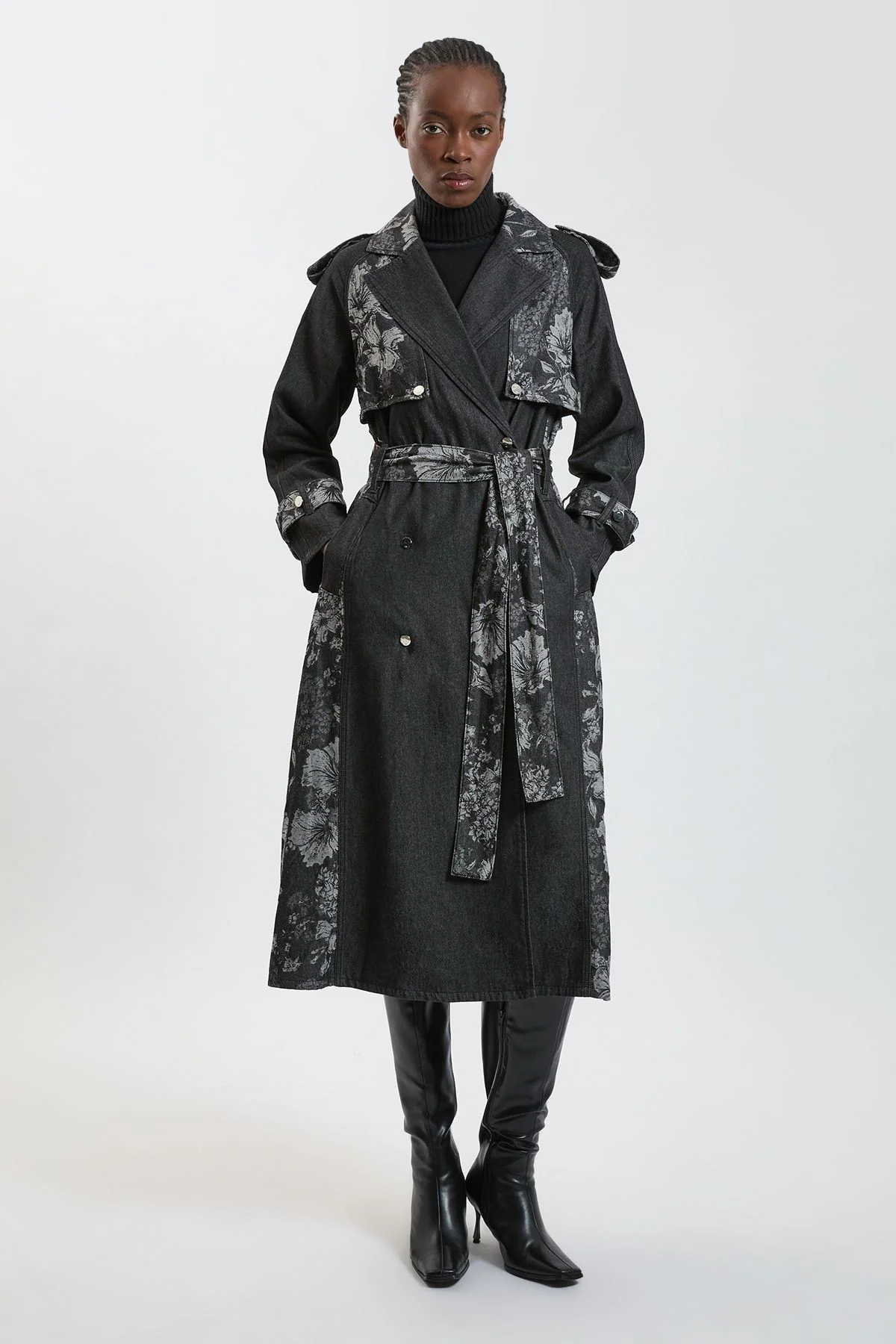 Jacquard Denim Trench Coat - 1