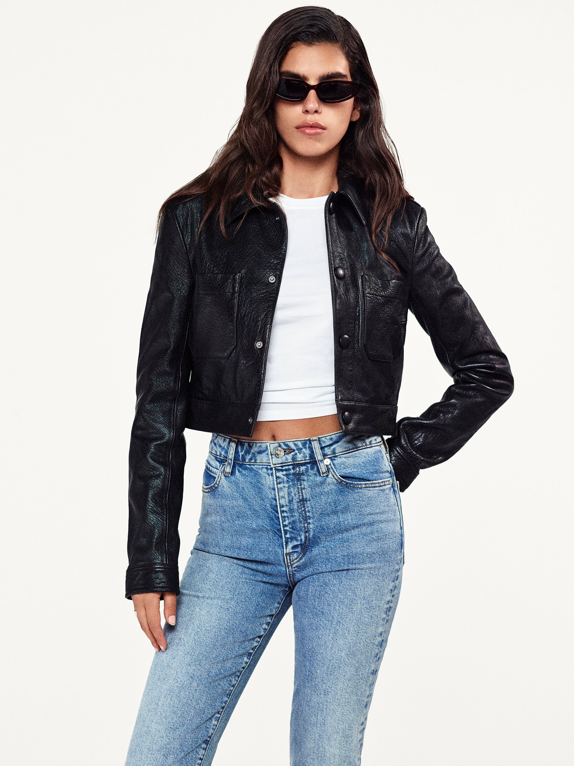 Leather Button Front Jacket in Black - 2