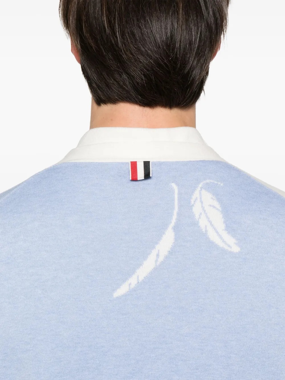 THOM BROWNE - MEN Funmix Feather Jersey Intarsia High V Neck Cardigan - 4