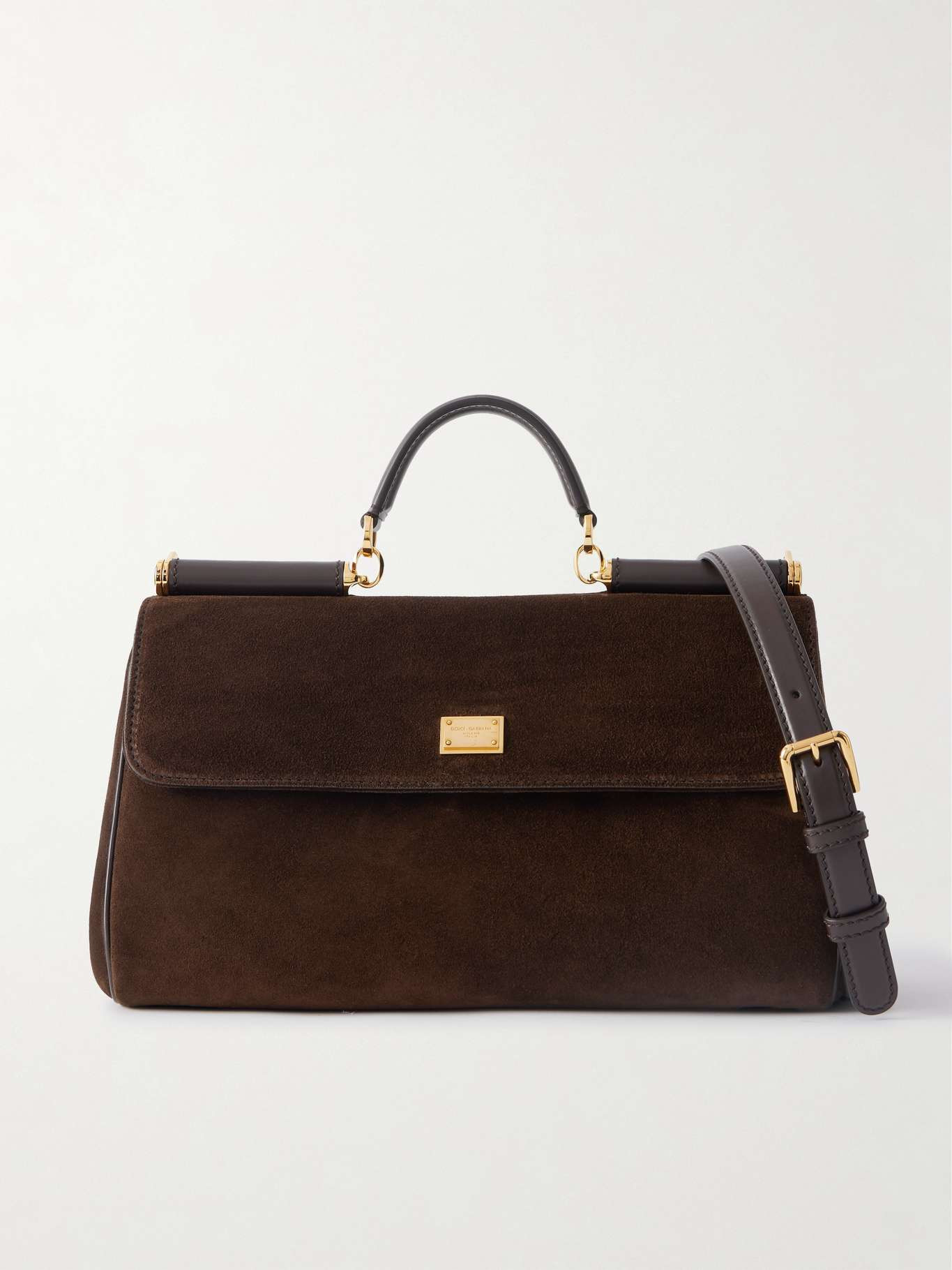 Sicily small leather-trimmed suede shoulder bag Dark brown - 1