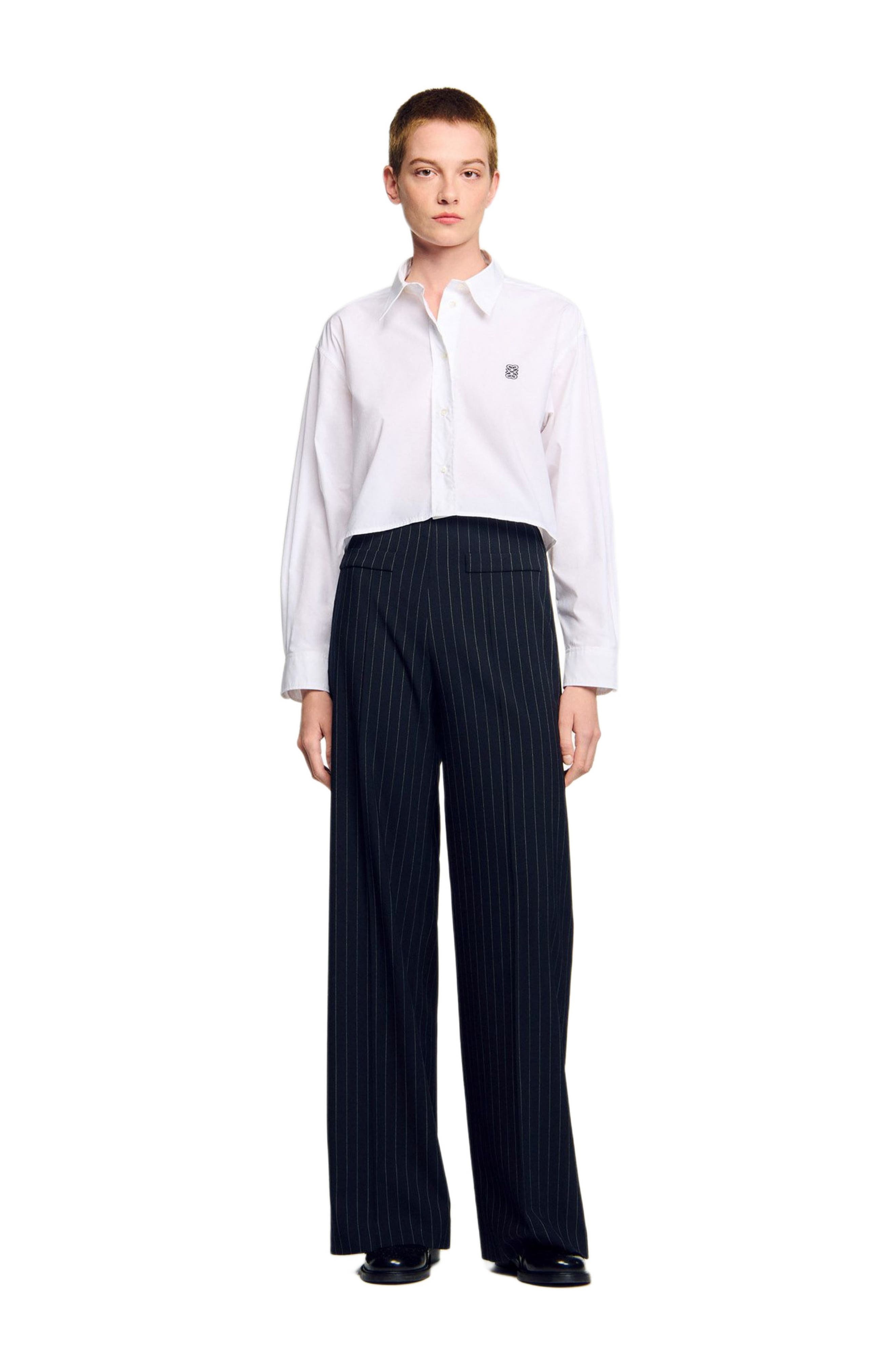 SANDRO Chalk-striped straight-leg trousers in Black at Nordstrom - 3