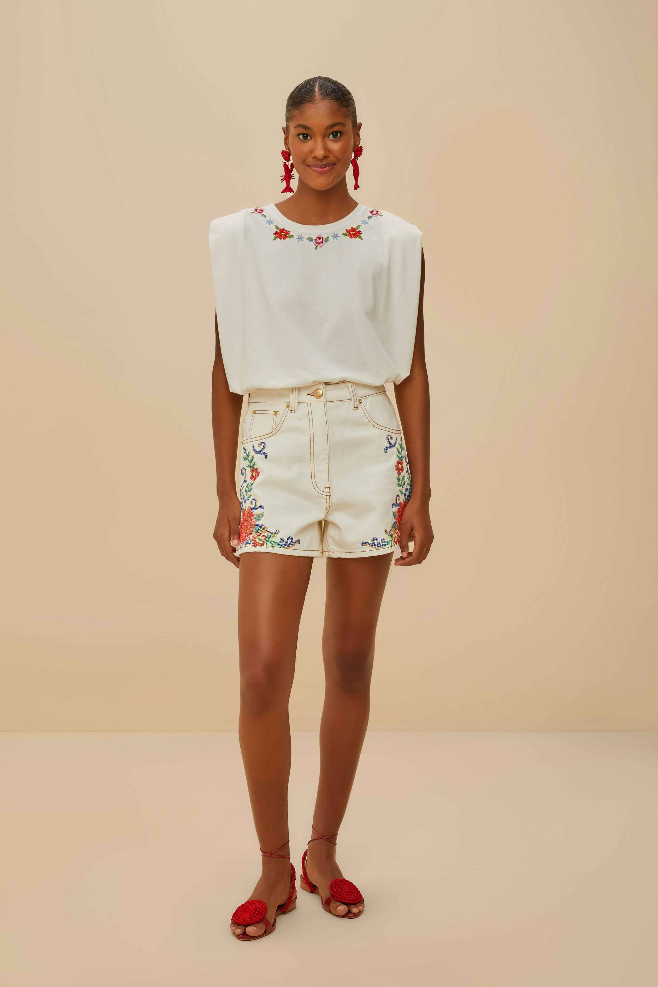 Off-White Cross Stitch Flowers Organic Cotton T-Shirt - 2