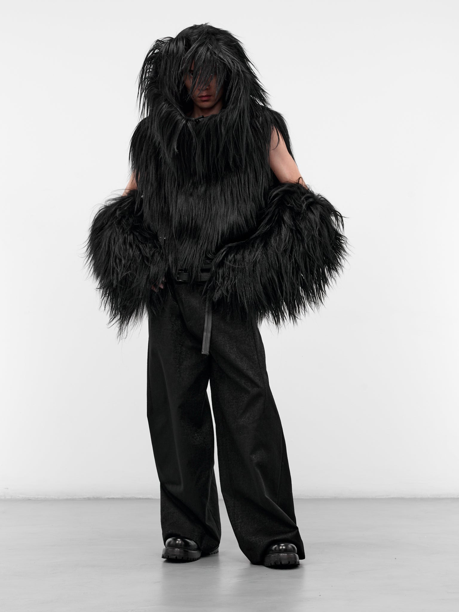 Black Goat Fur Hooded Vest - 6