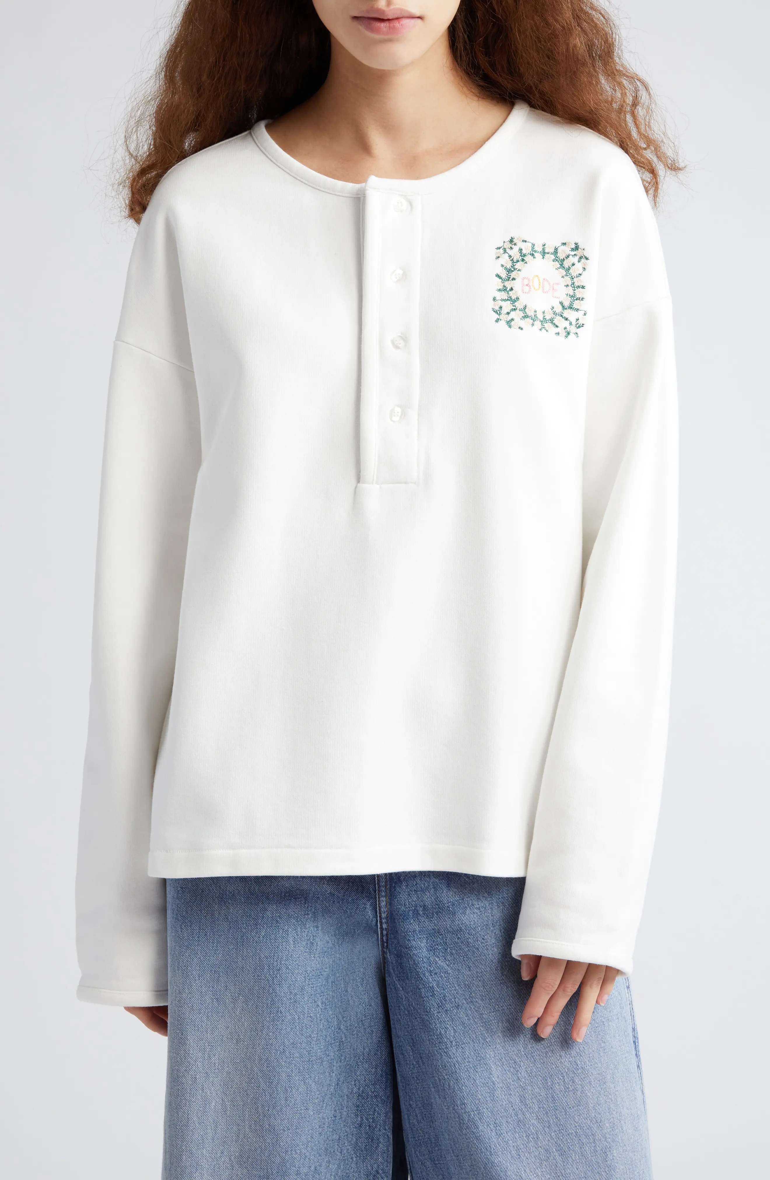 BODE Daisy Never Tell Embroidered Cotton Henley | nordstrom