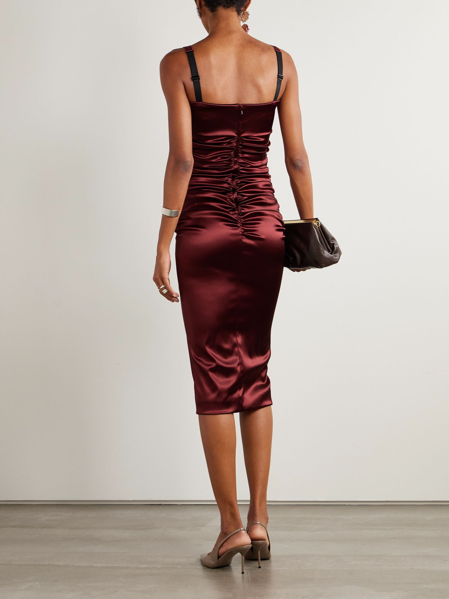 Ruched satin midi dress Red - 3