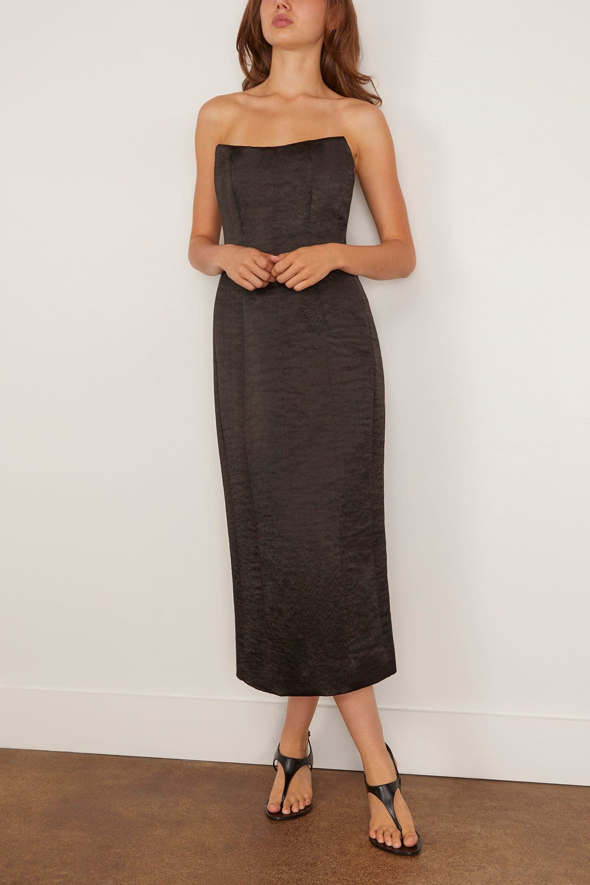 Lana Strapless Midi Dress in Black Hammered Satin - 3
