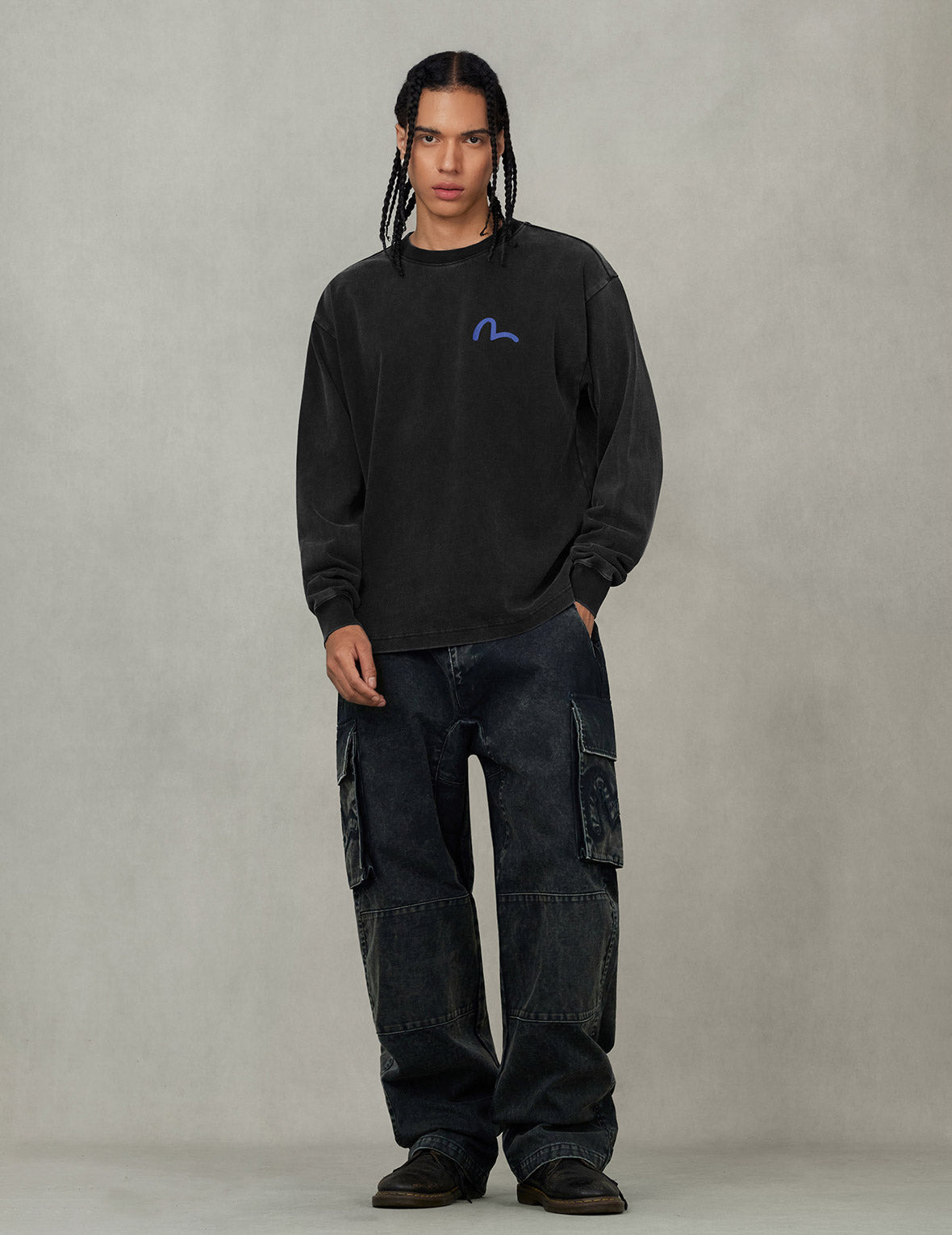 Distressed Seagull Appliqué Embroidery and Multi-Pocket Loose Fit Cargo Pants - 5