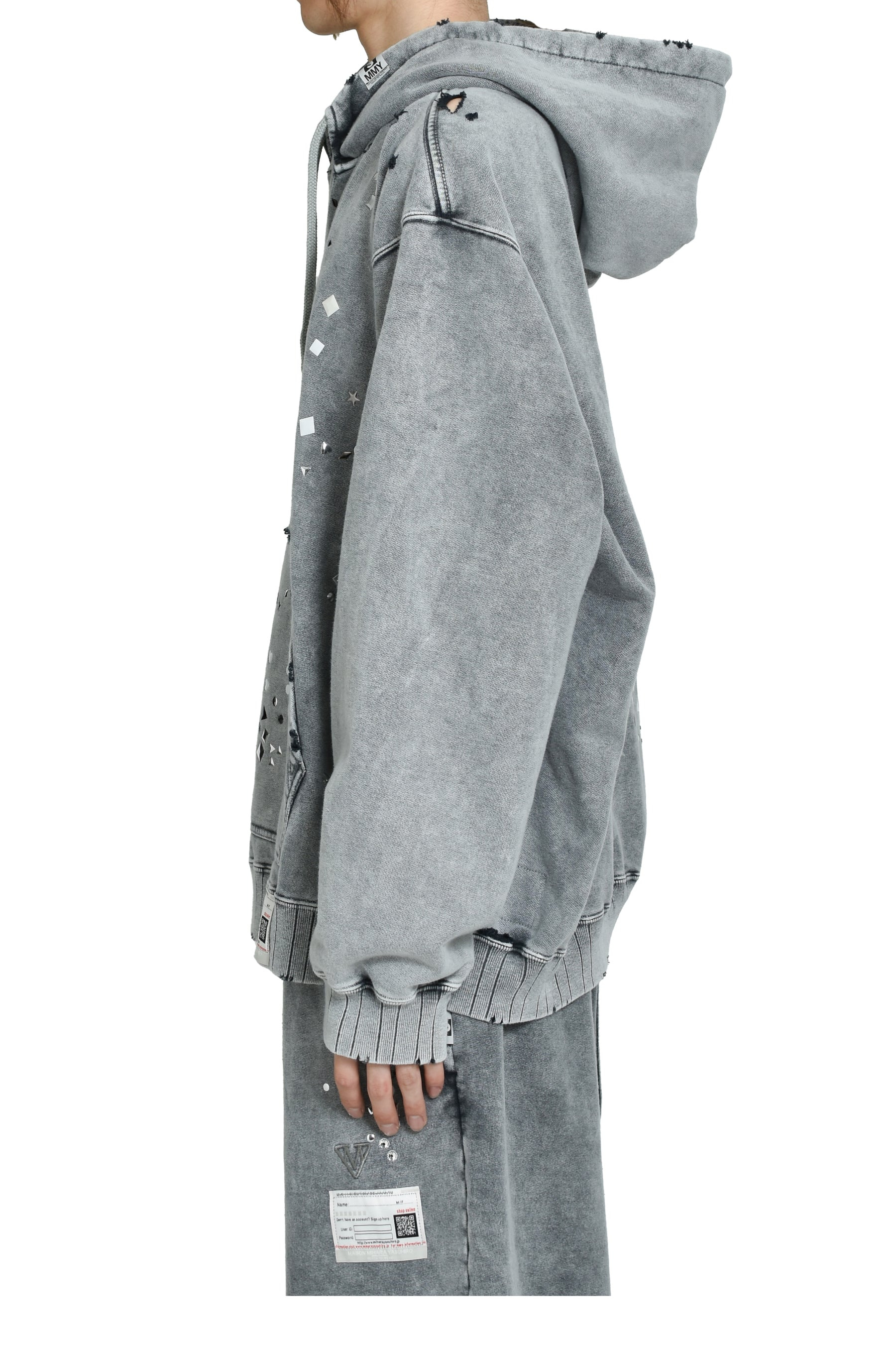 EMBELLISHED BLEACHED HOODIE / GRY - 3