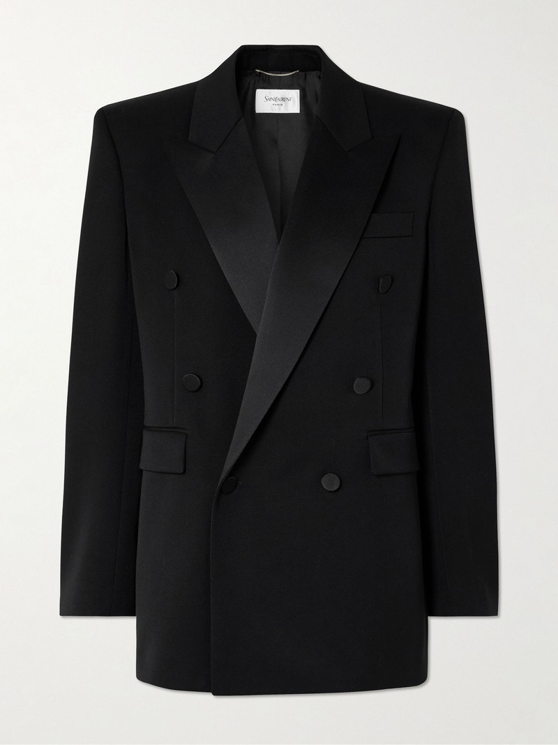 Double-breasted satin-trimmed wool blazer Black 1