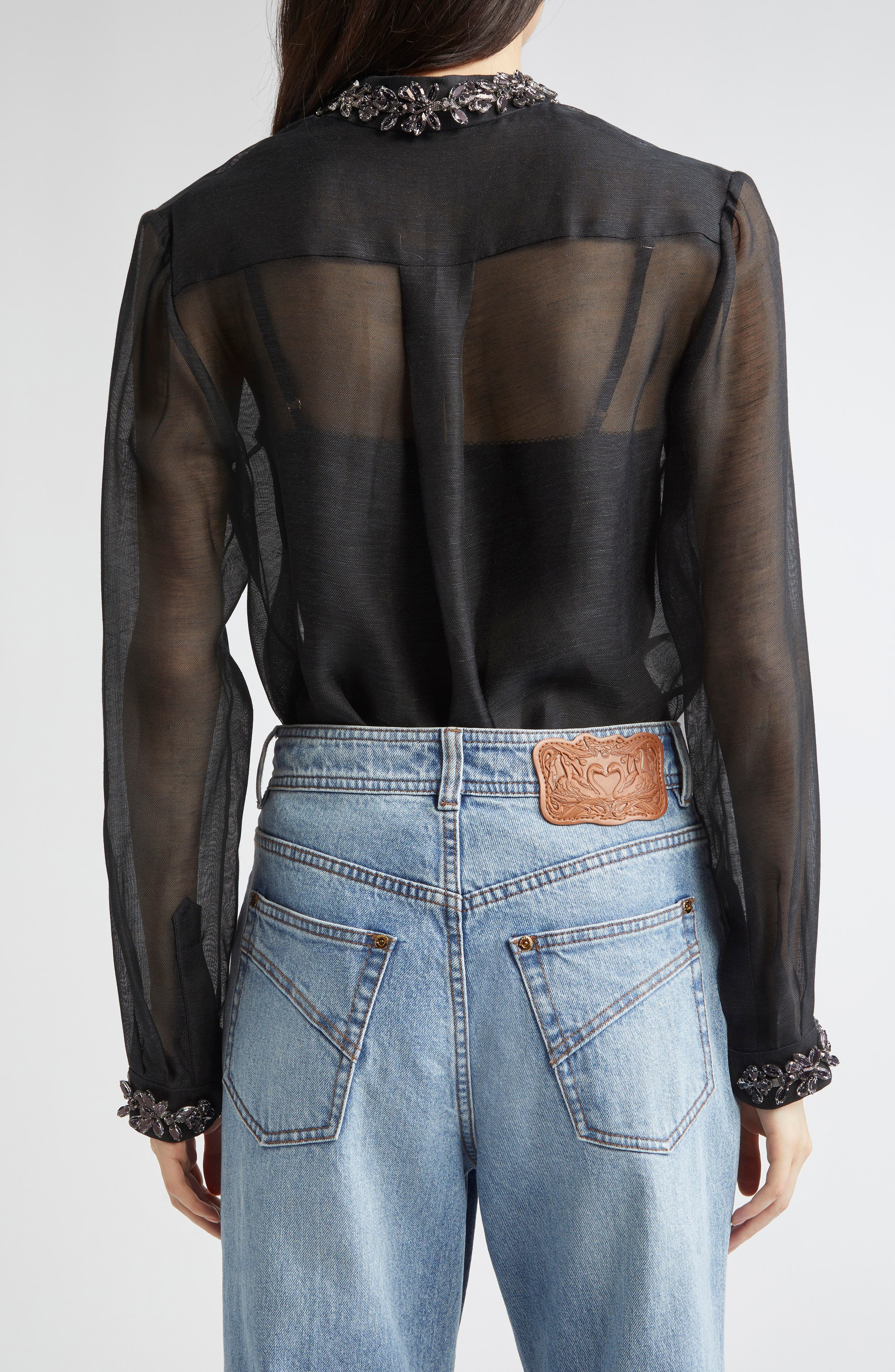 Zimmermann Hypnotic Crystal Embellished Sheer Linen & Silk Button-Up Shirt in Black at Nordstrom - 3
