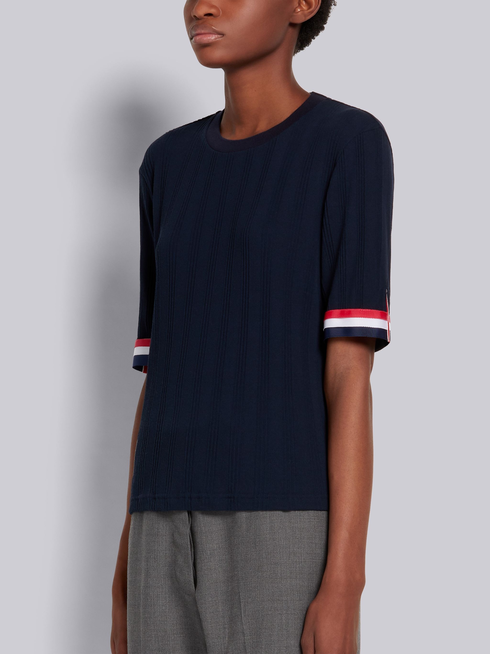 Navy High Twist Variegated Rib Tee Grosgrain Cuff Short-sleeved Tee - 2