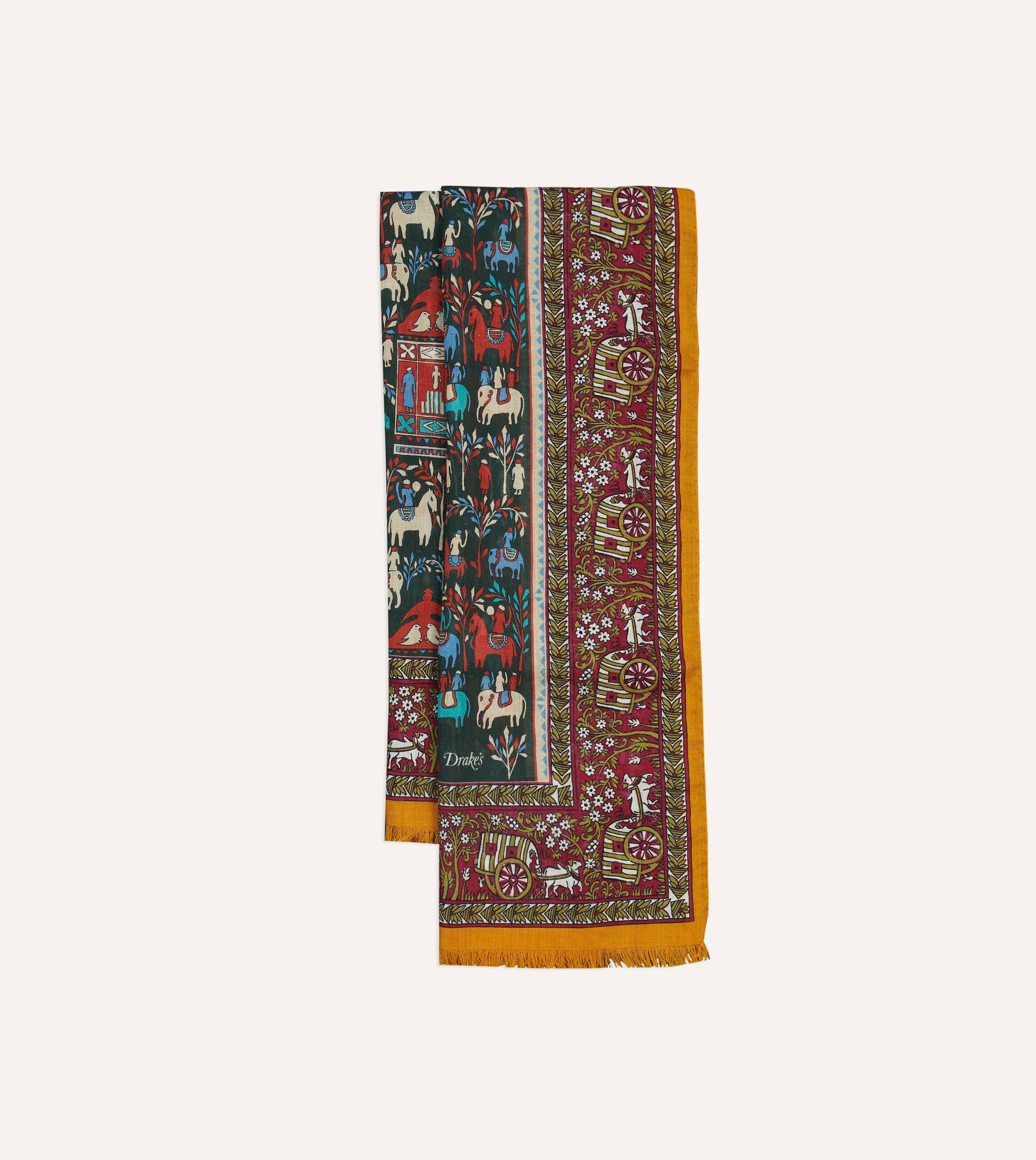 Burgundy Elephant Village Print Wool-Silk Scarf - 1