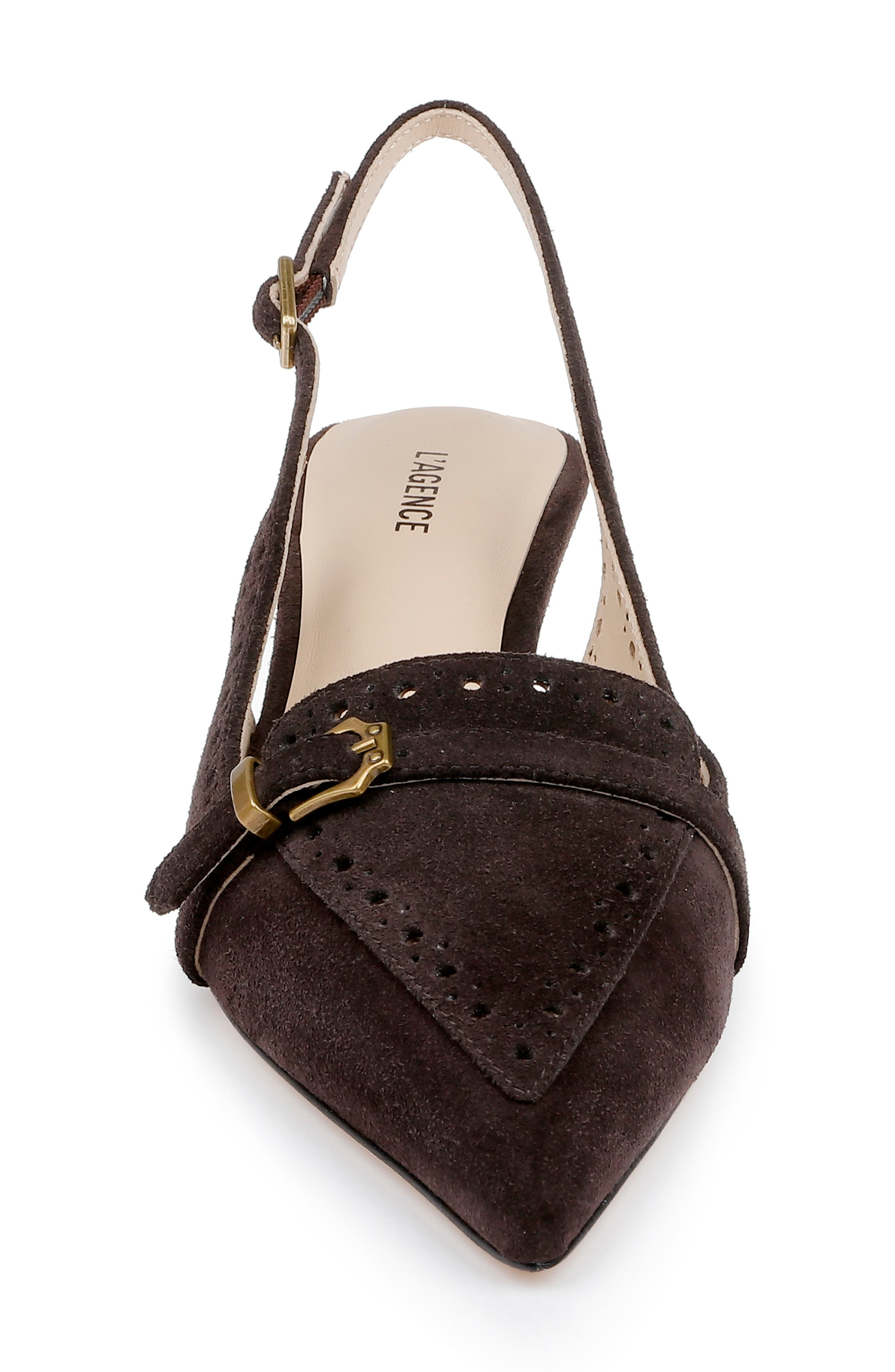L'AGENCE Lourdes Slingback Pointed Toe Kitten Heel Pump in Dark Brown Suede at Nordstrom - 4