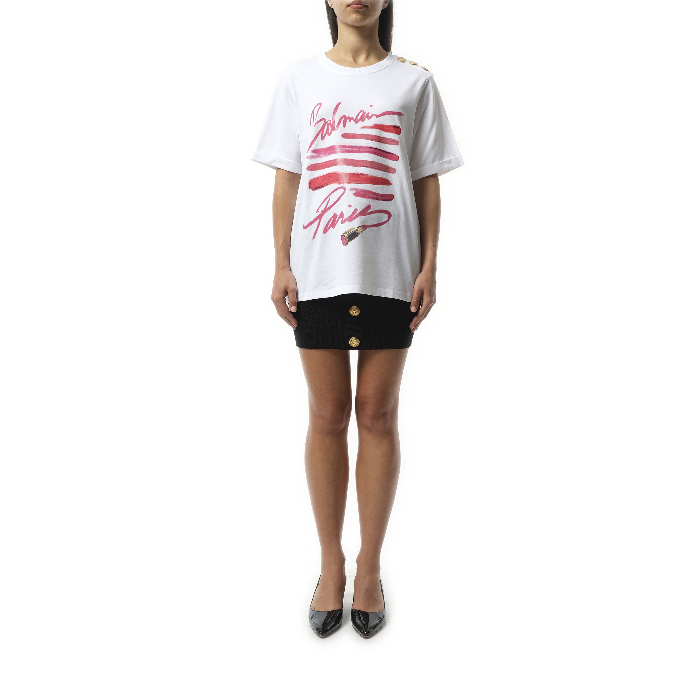 3 Btn Balmain Lipstick Print T-Shirt in White - 4