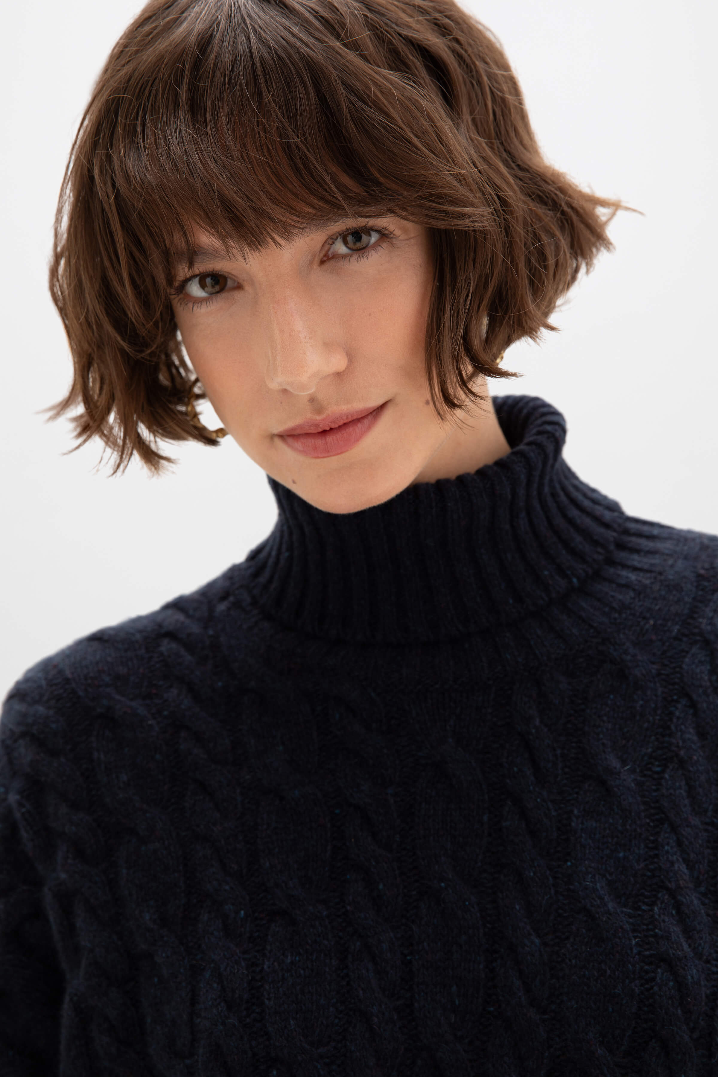 Donegal Cable Knit Cashmere Navy Roll Neck Jumper - 1