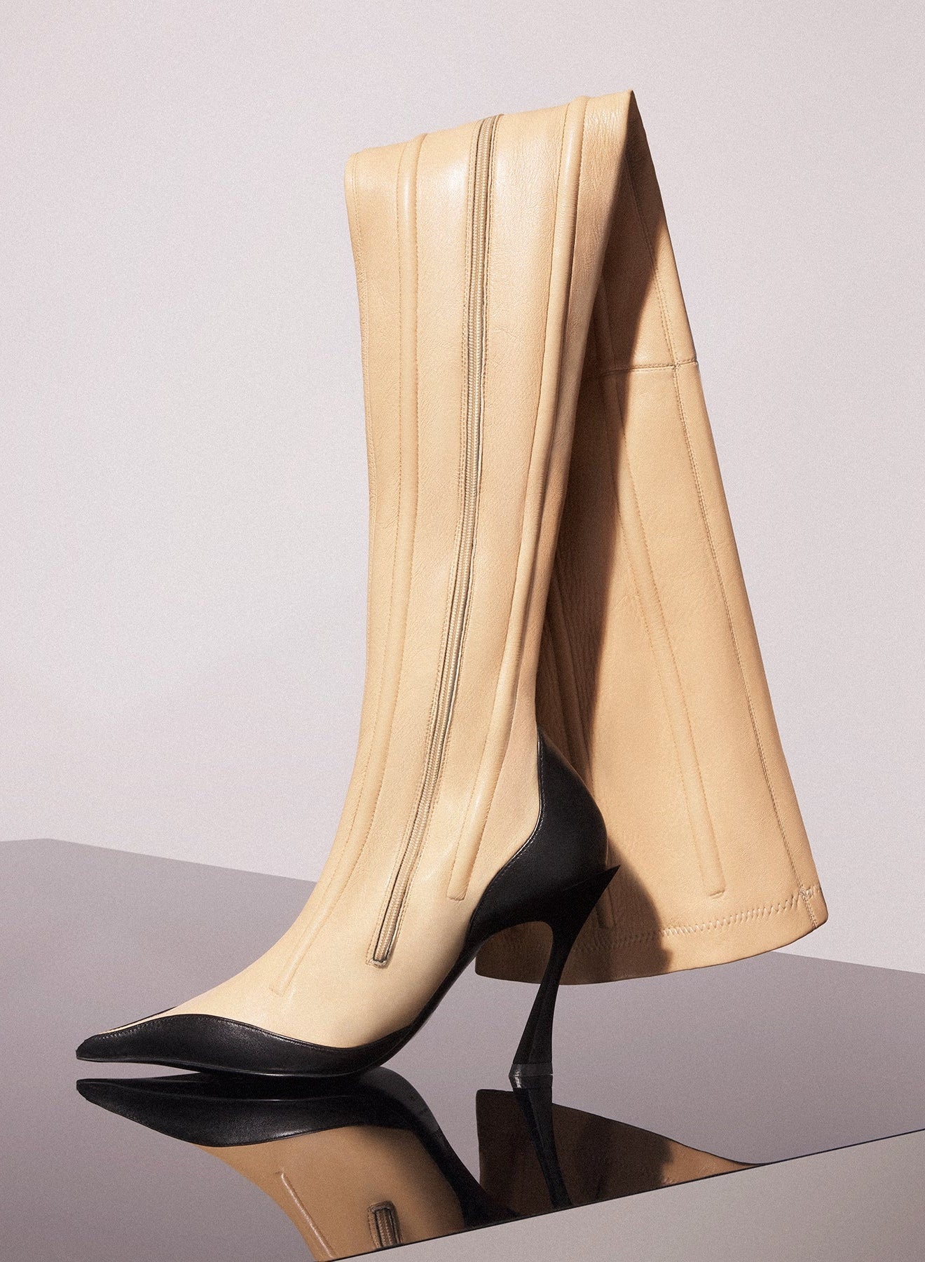 bi-color boned leather fang 95 thigh high boots - 2
