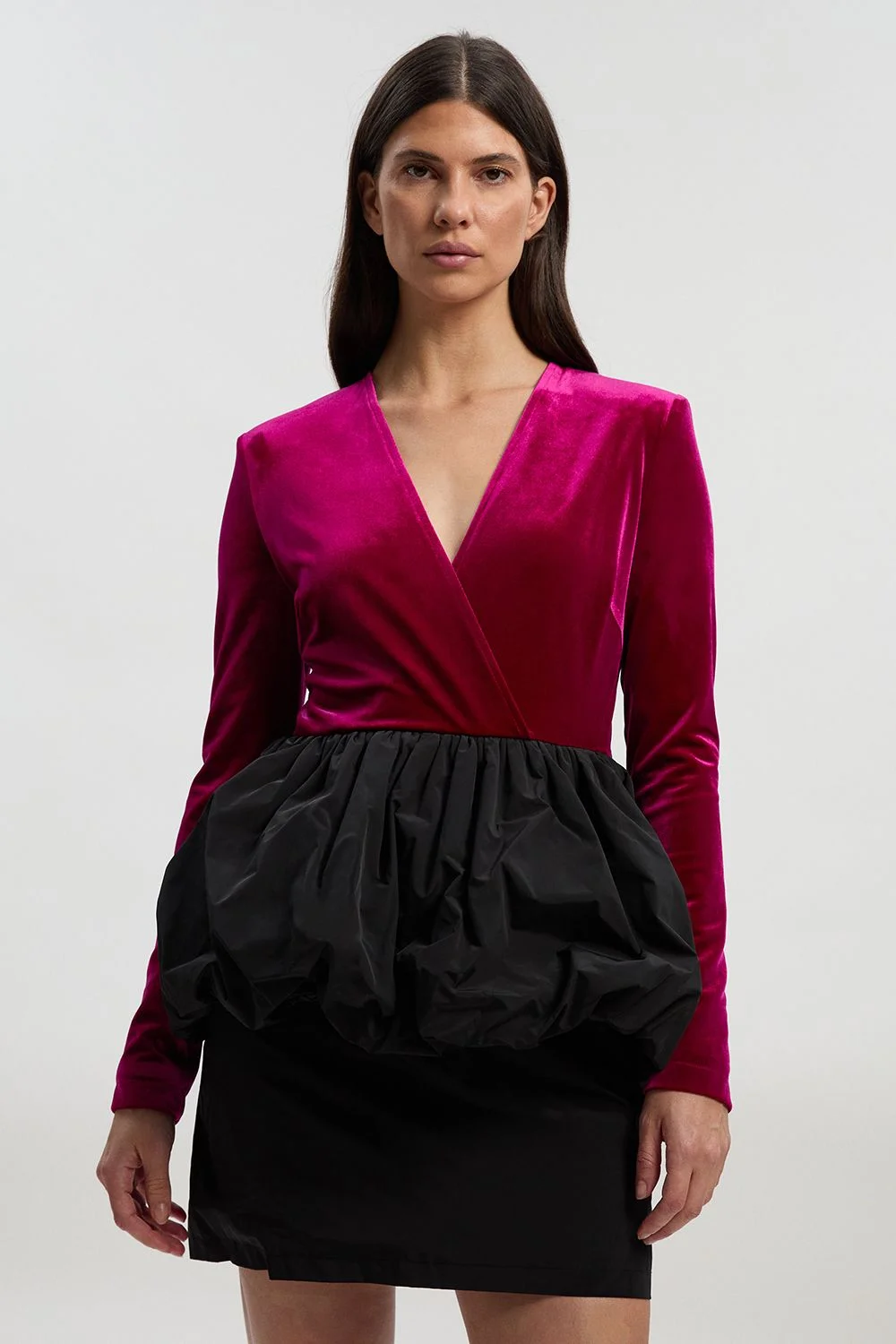 Velvet Plunge Neck Taffeta Peplum Long Sleeve Mini Dress - 1